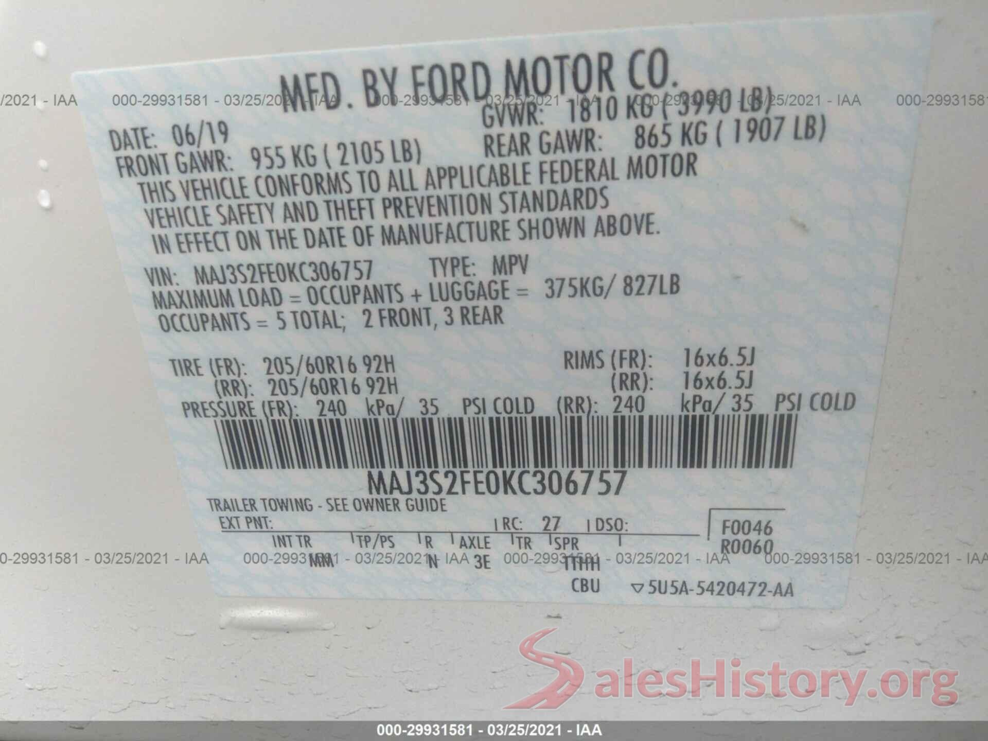 MAJ3S2FE0KC306757 2019 FORD ECOSPORT