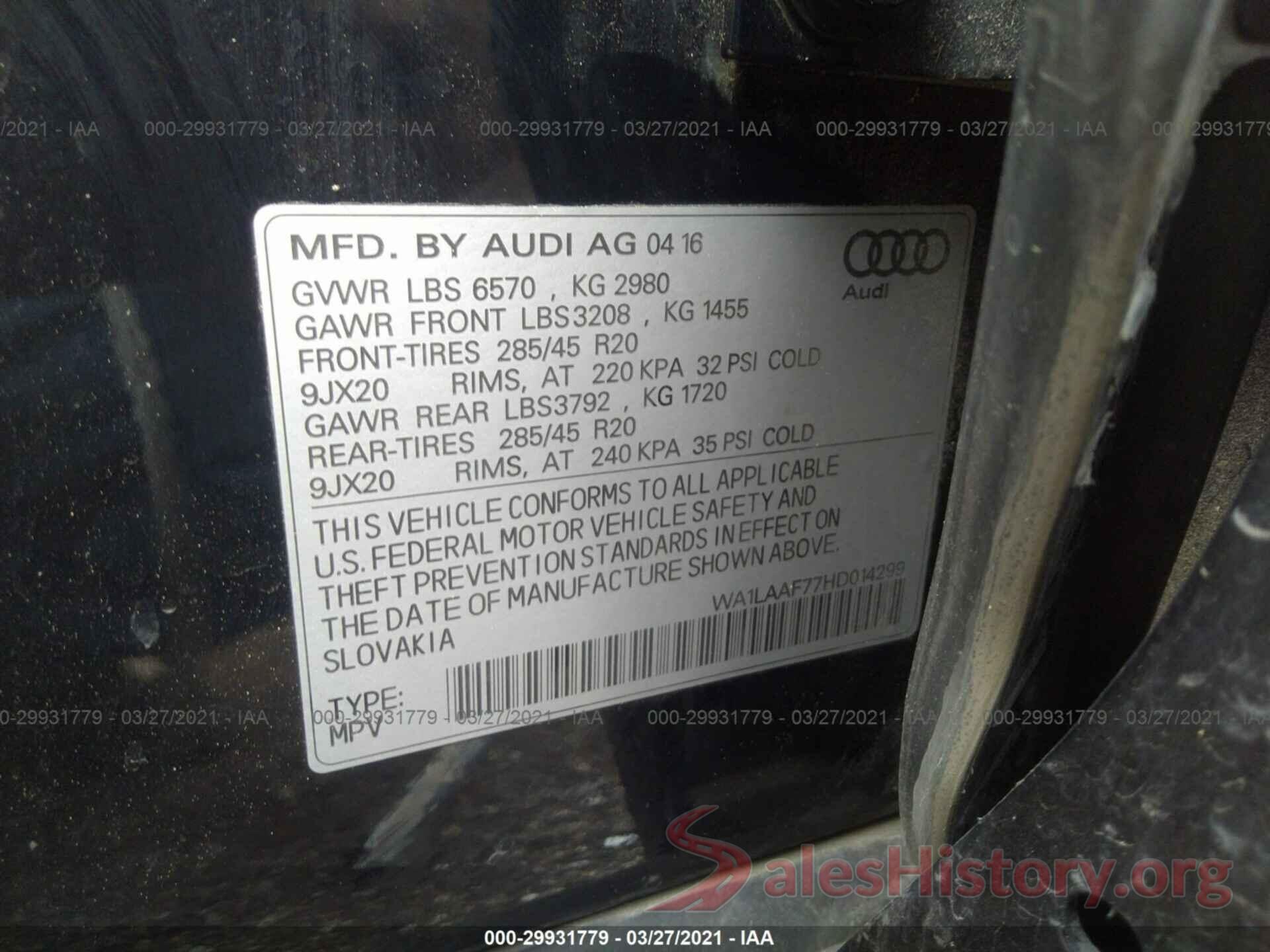 WA1LAAF77HD014299 2017 AUDI Q7