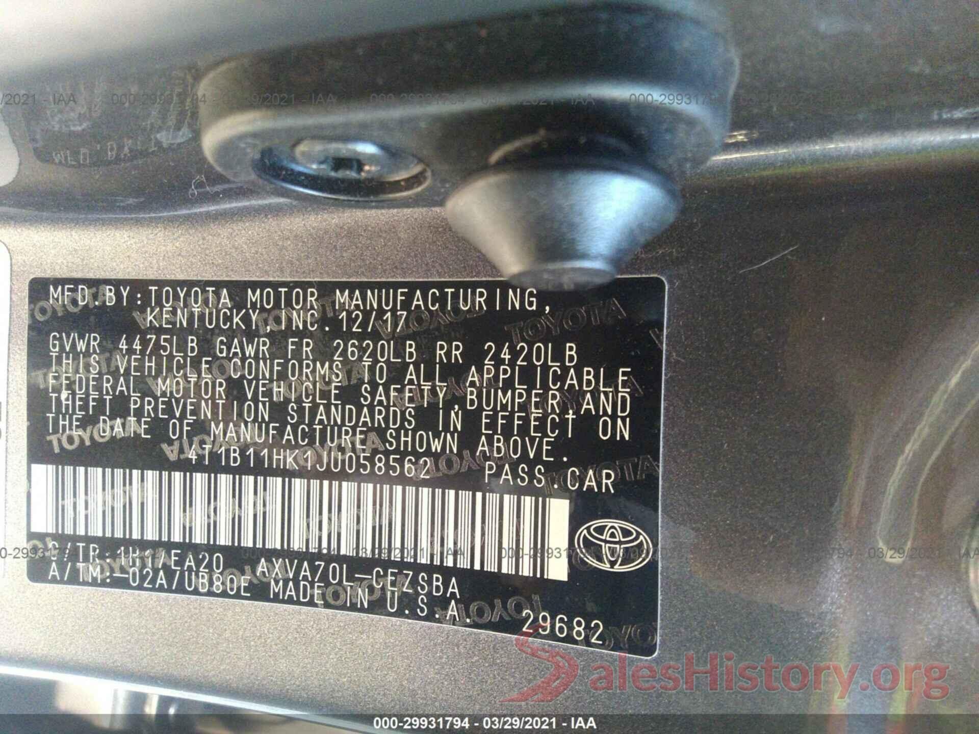 4T1B11HK1JU058562 2018 TOYOTA CAMRY