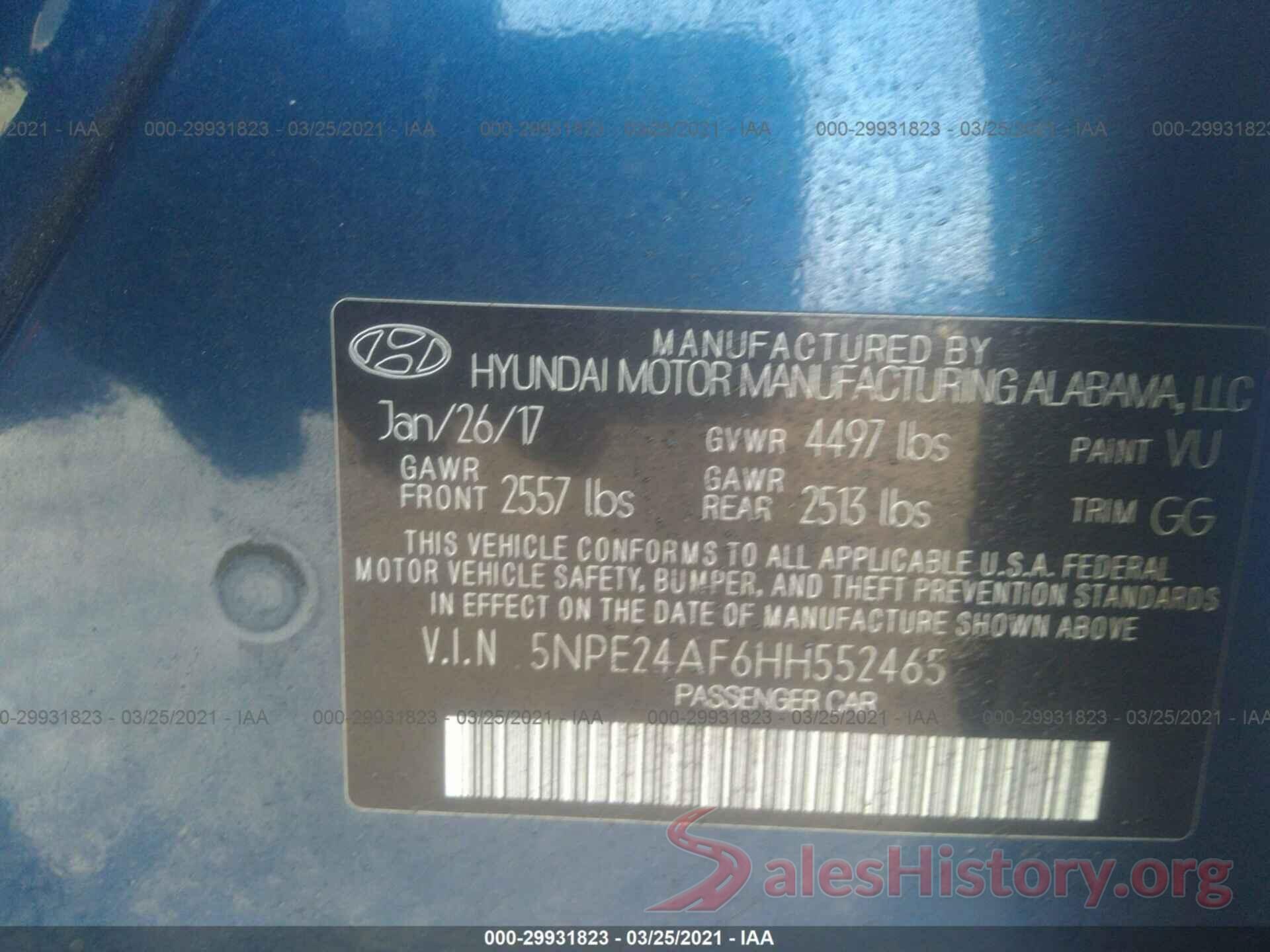 5NPE24AF6HH552465 2017 HYUNDAI SONATA