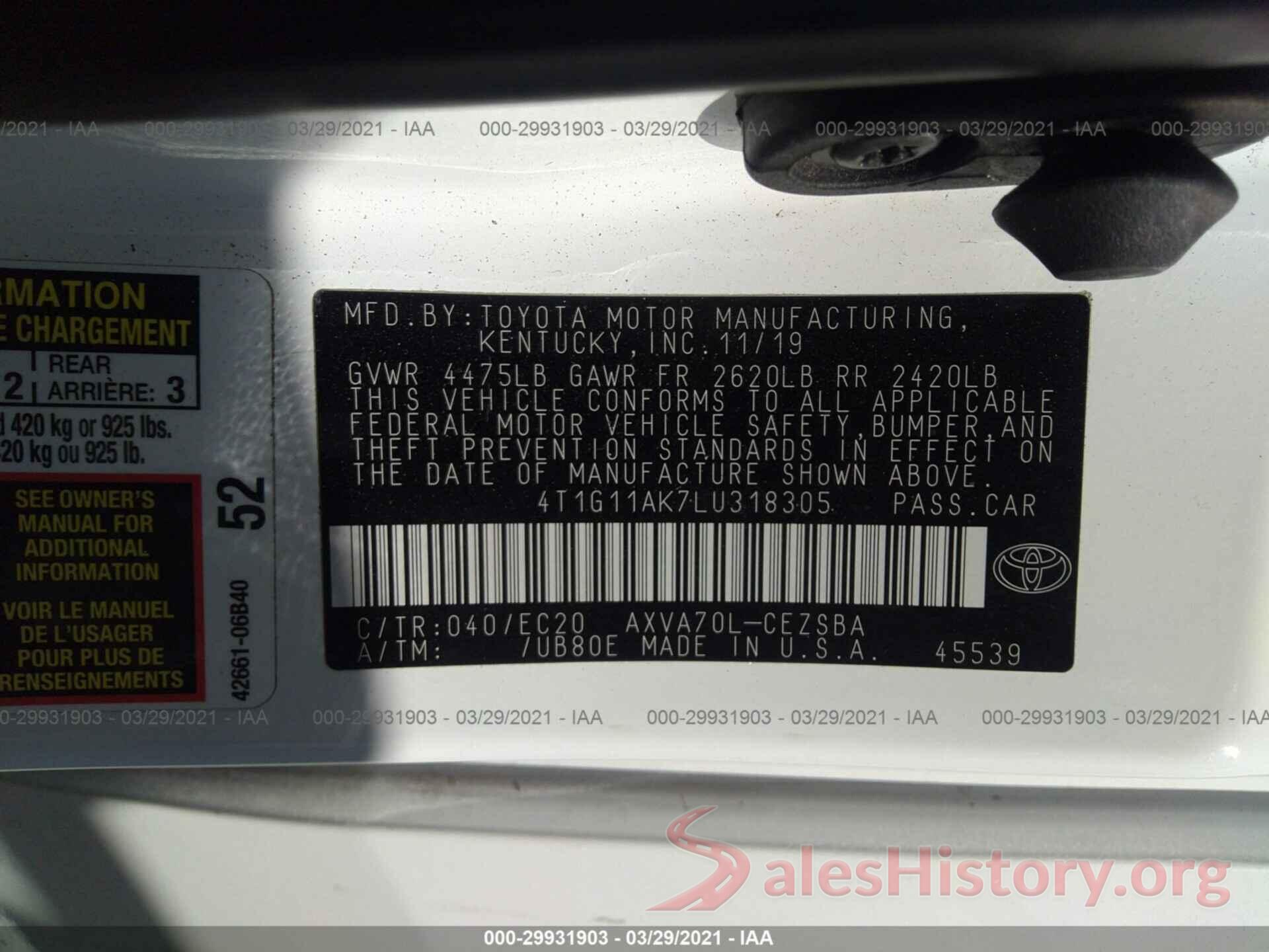 4T1G11AK7LU318305 2020 TOYOTA CAMRY