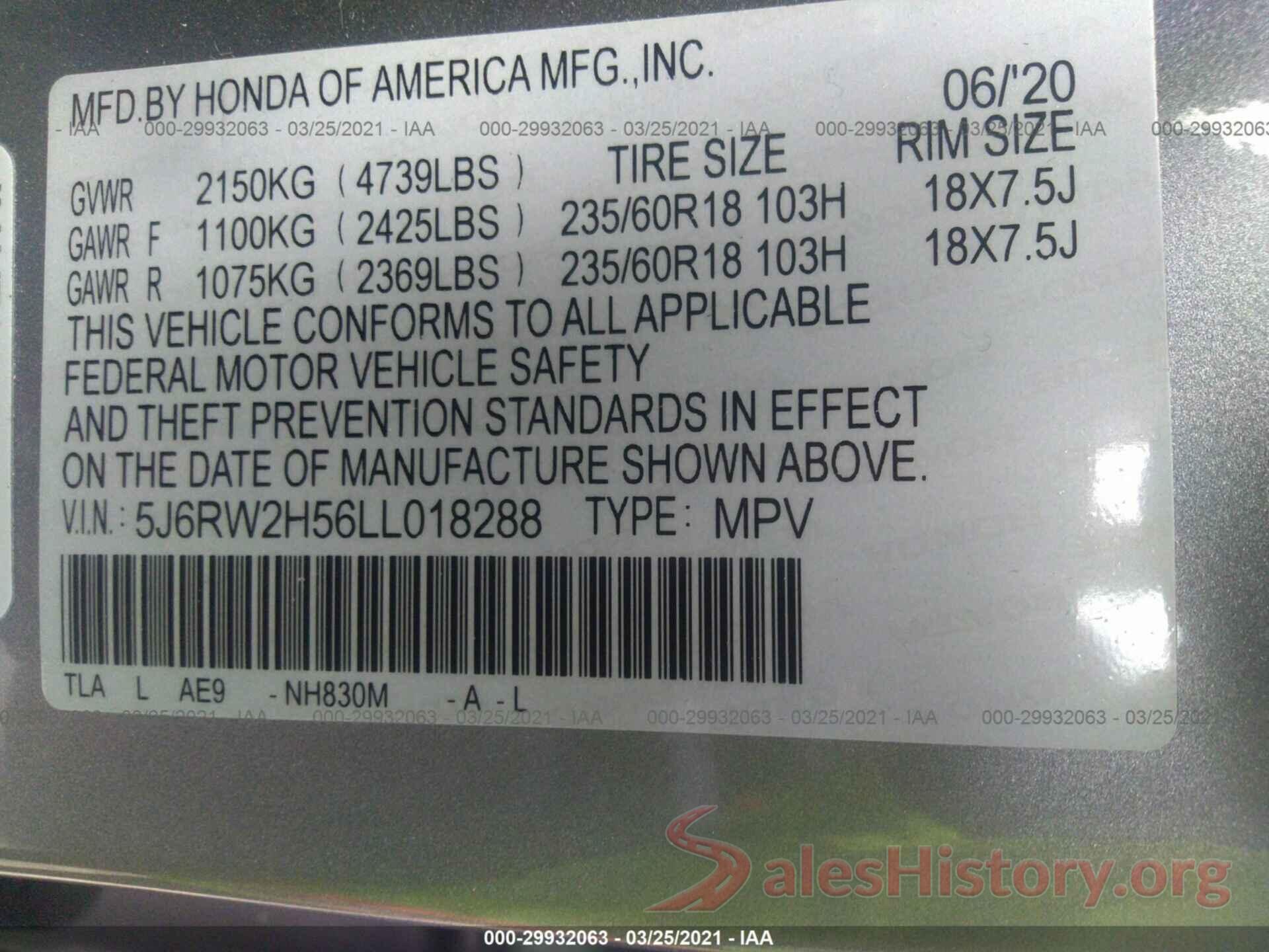 5J6RW2H56LL018288 2020 HONDA CR-V