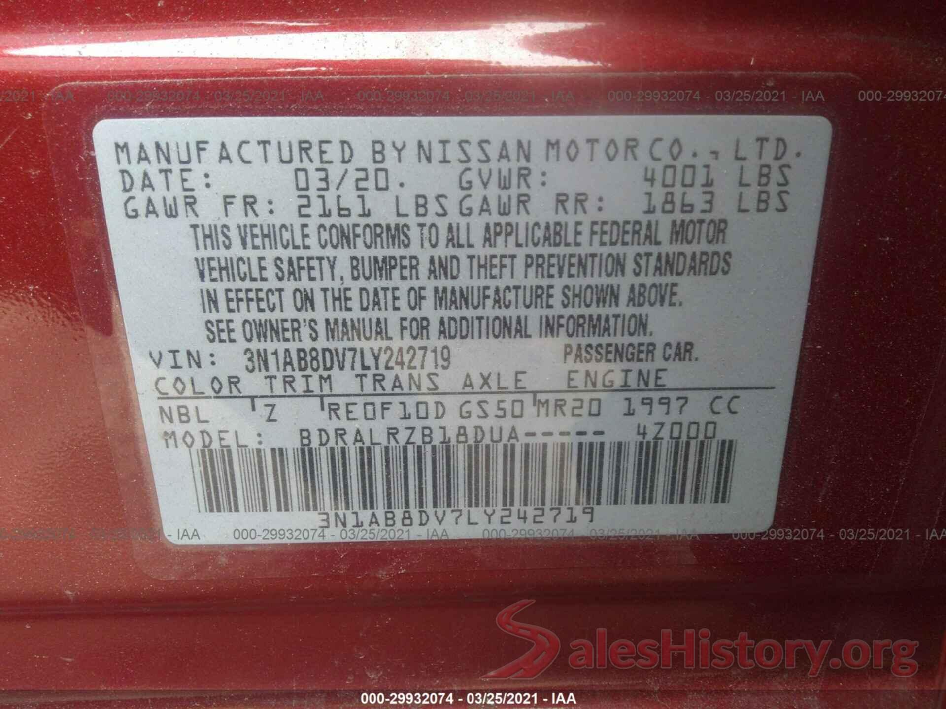 3N1AB8DV7LY242719 2020 NISSAN SENTRA