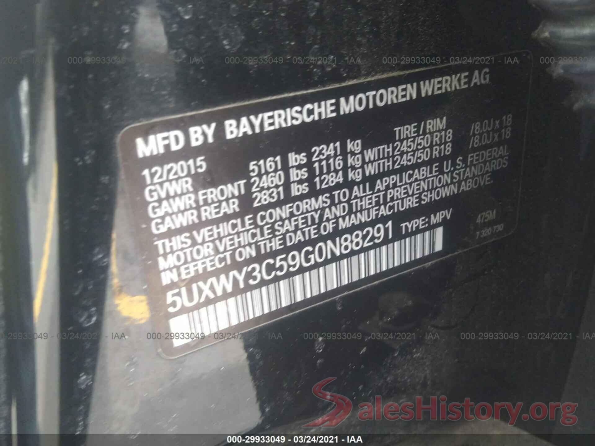 5UXWY3C59G0N88291 2016 BMW X3