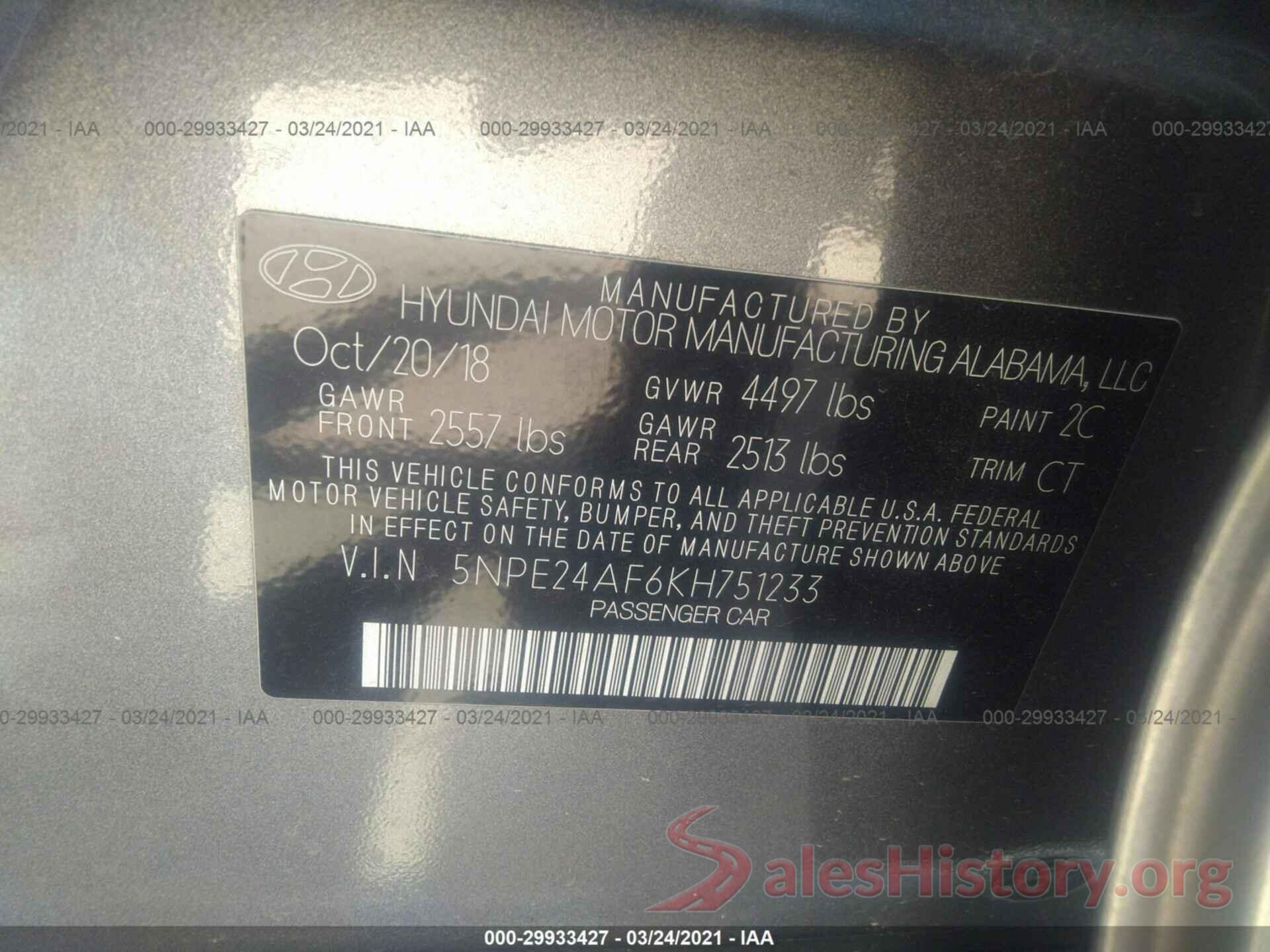 5NPE24AF6KH751233 2019 HYUNDAI SONATA