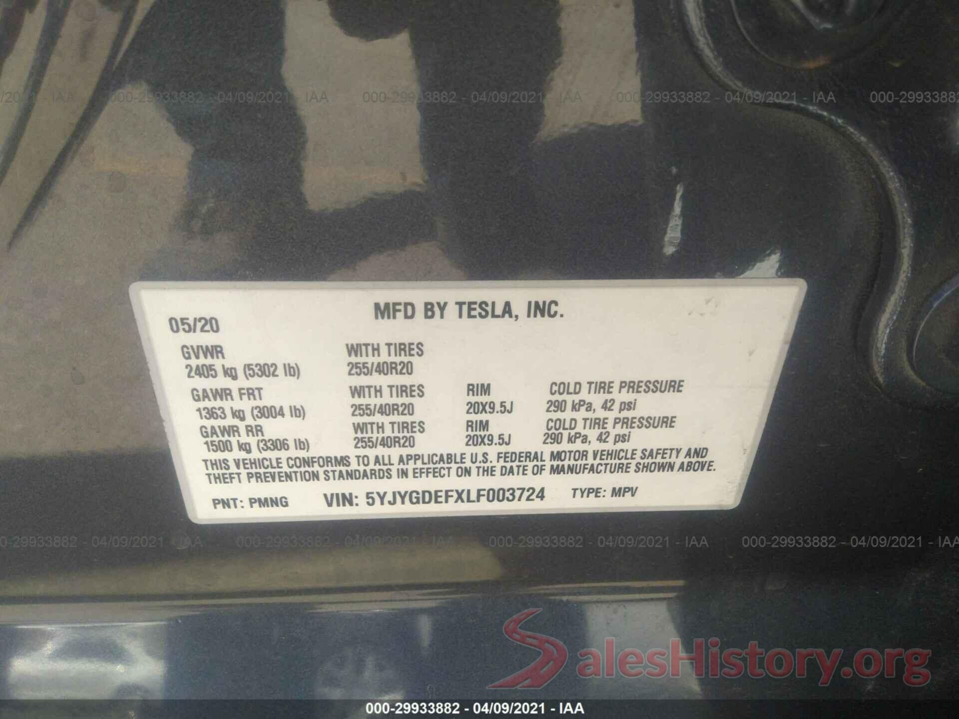 5YJYGDEFXLF003724 2020 TESLA MODEL Y