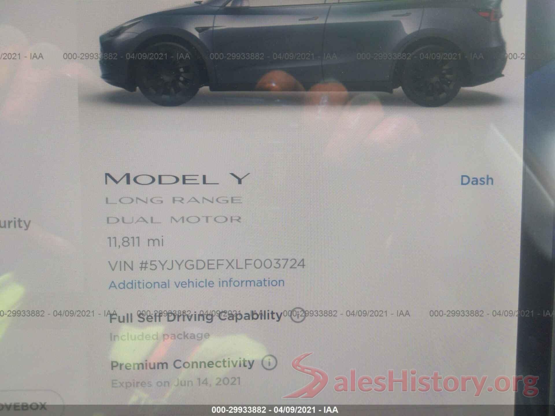 5YJYGDEFXLF003724 2020 TESLA MODEL Y