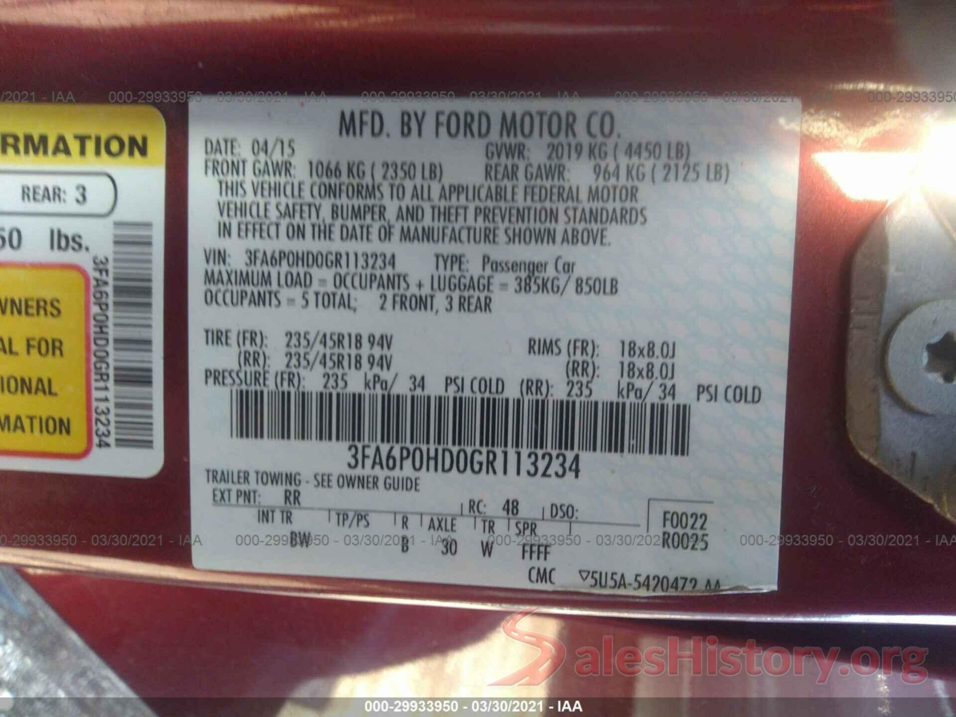 3FA6P0HD0GR113234 2016 FORD FUSION