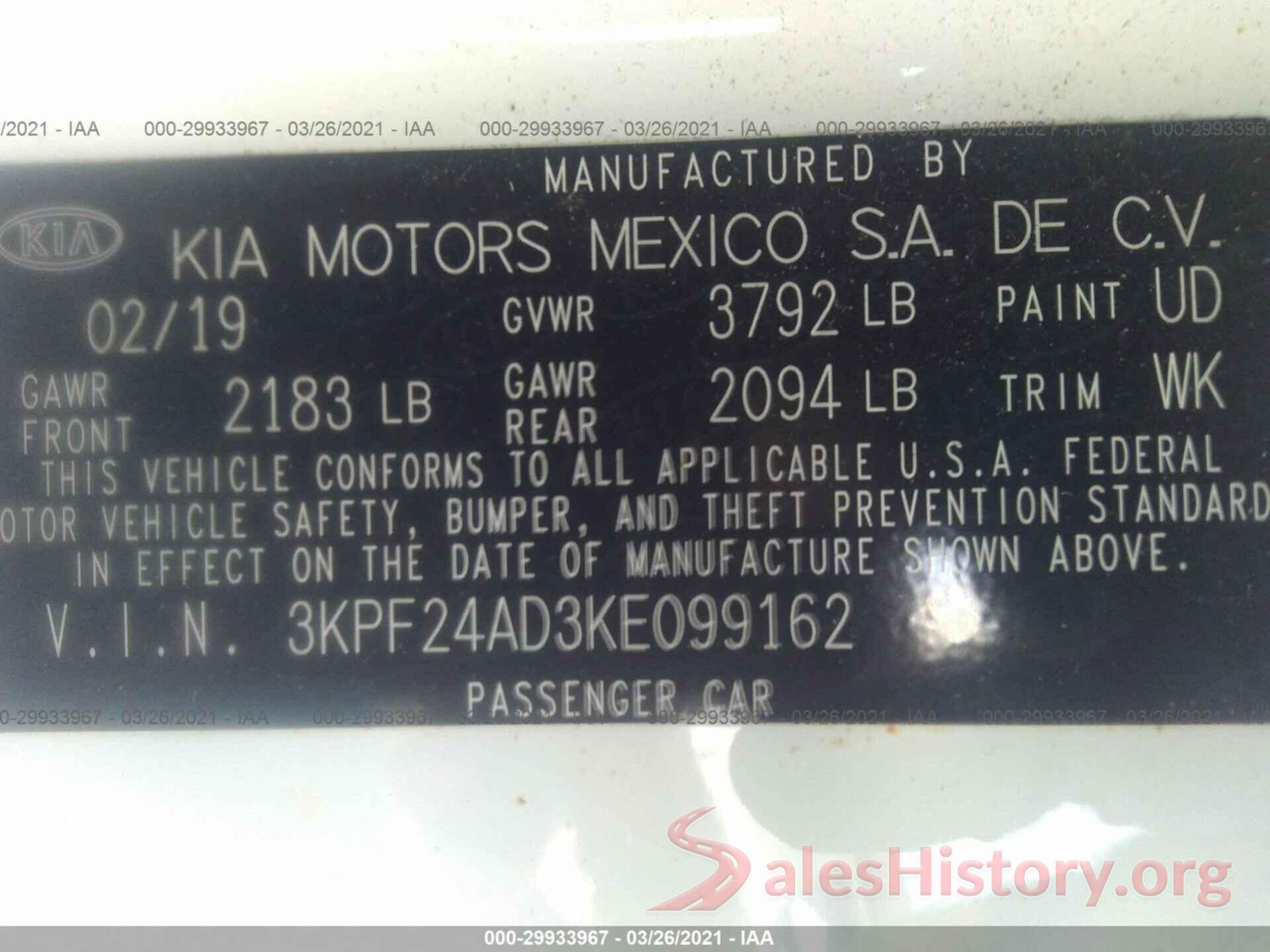 3KPF24AD3KE099162 2019 KIA FORTE