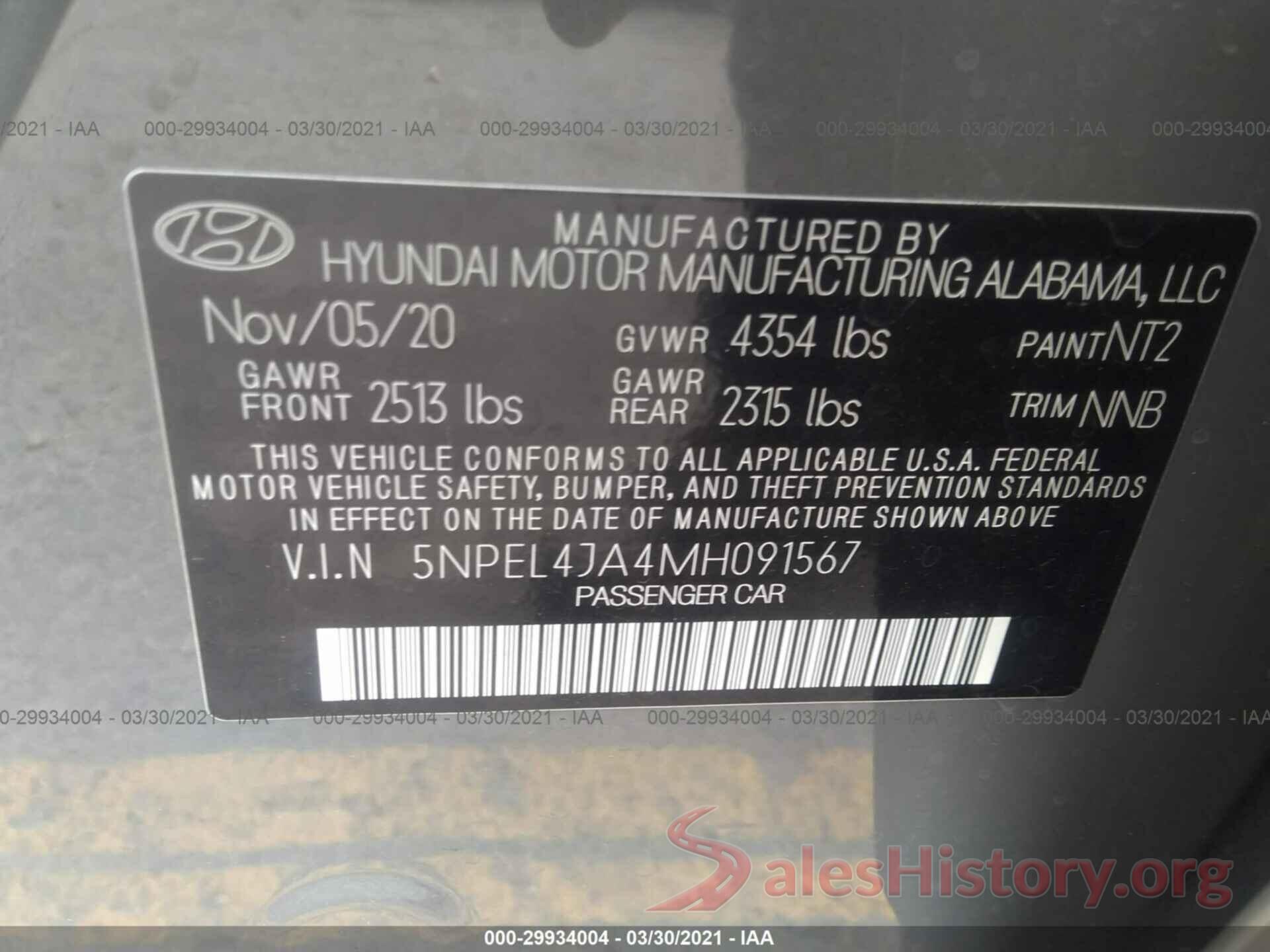 5NPEL4JA4MH091567 2021 HYUNDAI SONATA