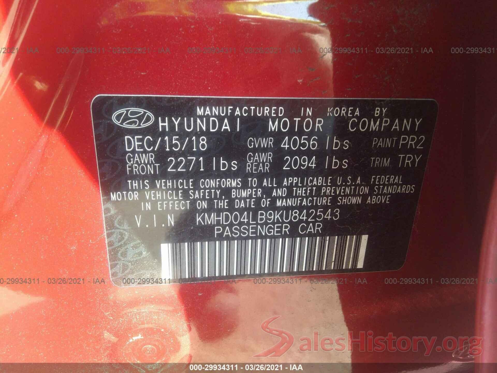 KMHD04LB9KU842543 2019 HYUNDAI ELANTRA