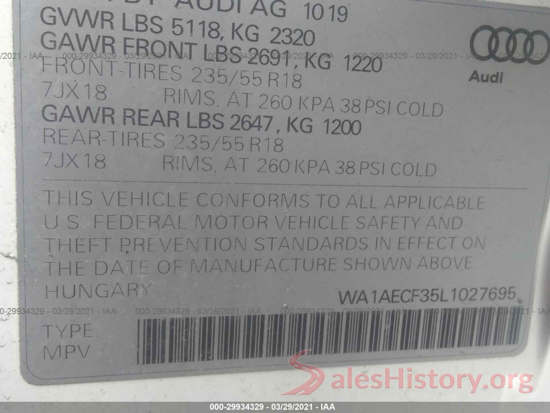 WA1AECF35L1027695 2020 AUDI Q3