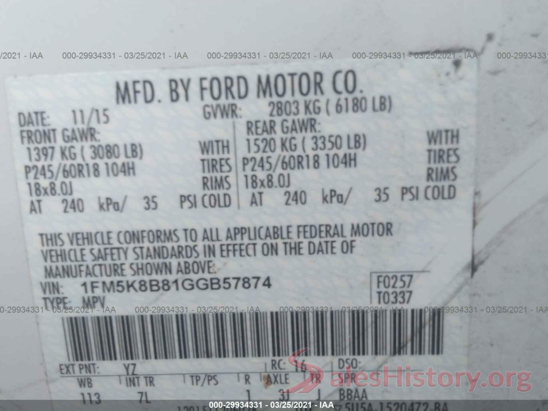 1FM5K8B81GGB57874 2016 FORD EXPLORER