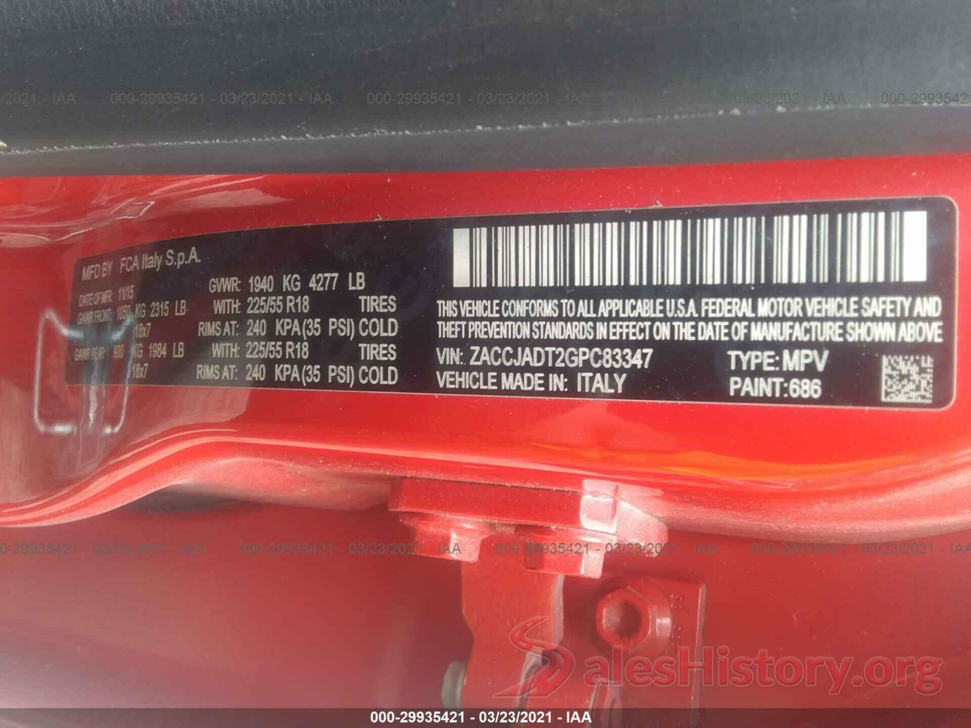 ZACCJADT2GPC83347 2016 JEEP RENEGADE