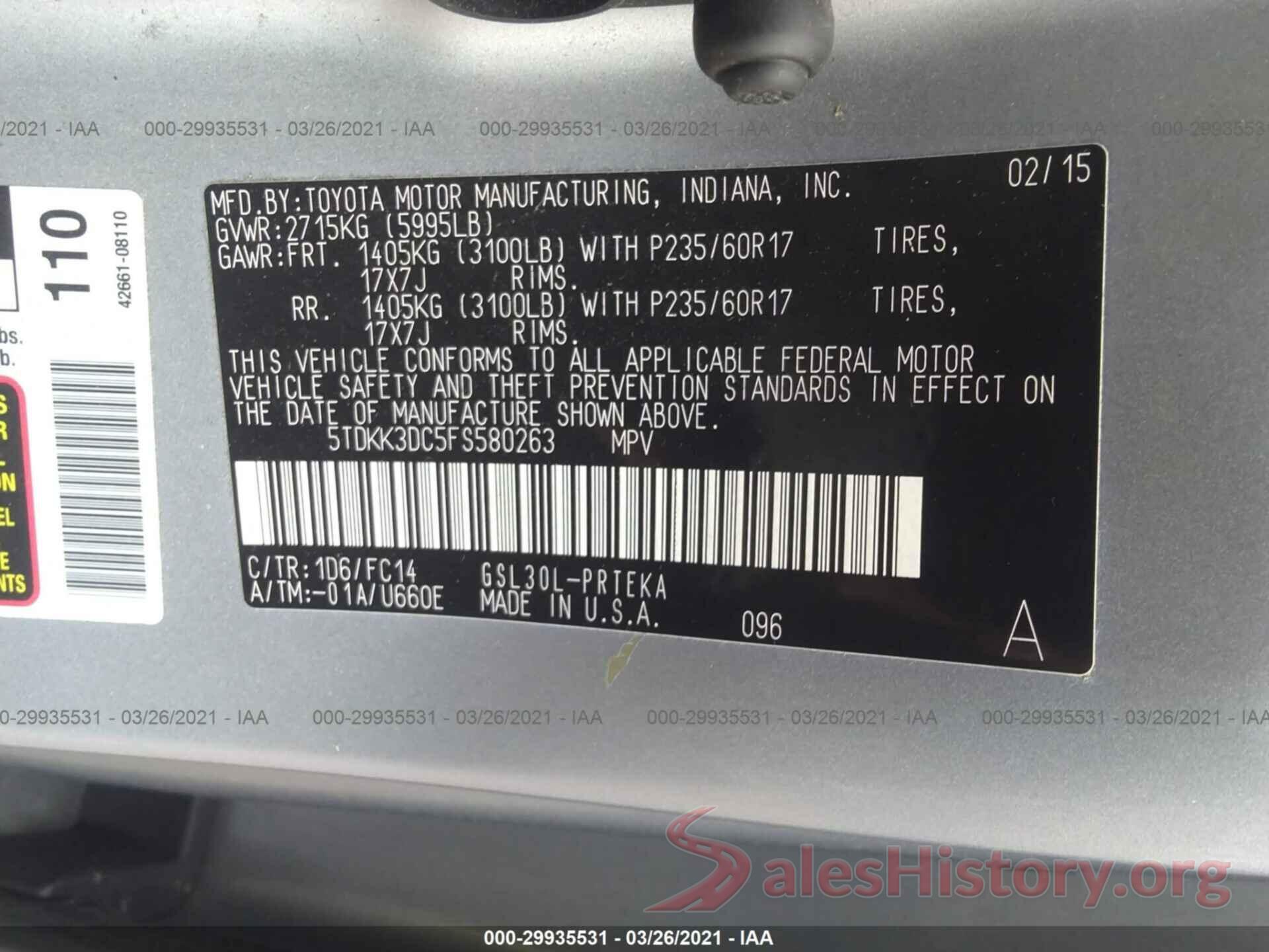 5TDKK3DC5FS580263 2015 TOYOTA SIENNA