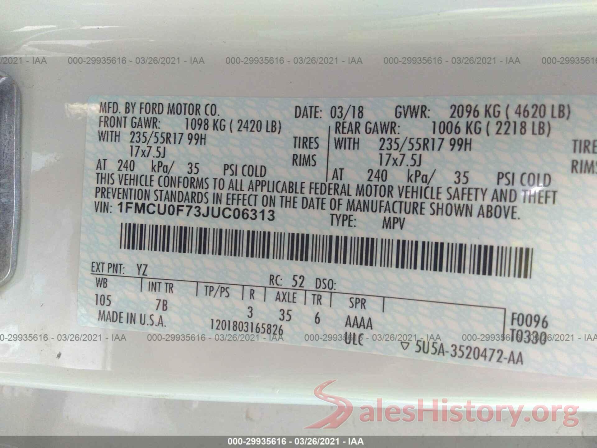 1FMCU0F73JUC06313 2018 FORD ESCAPE