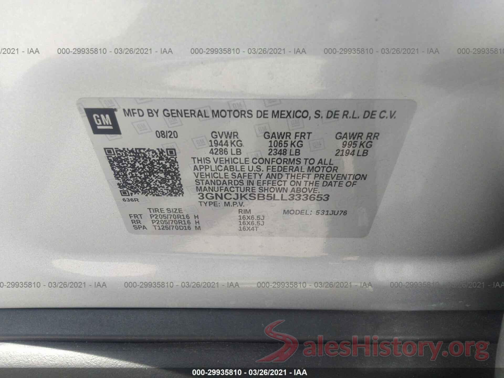 3GNCJKSB5LL333653 2020 CHEVROLET TRAX