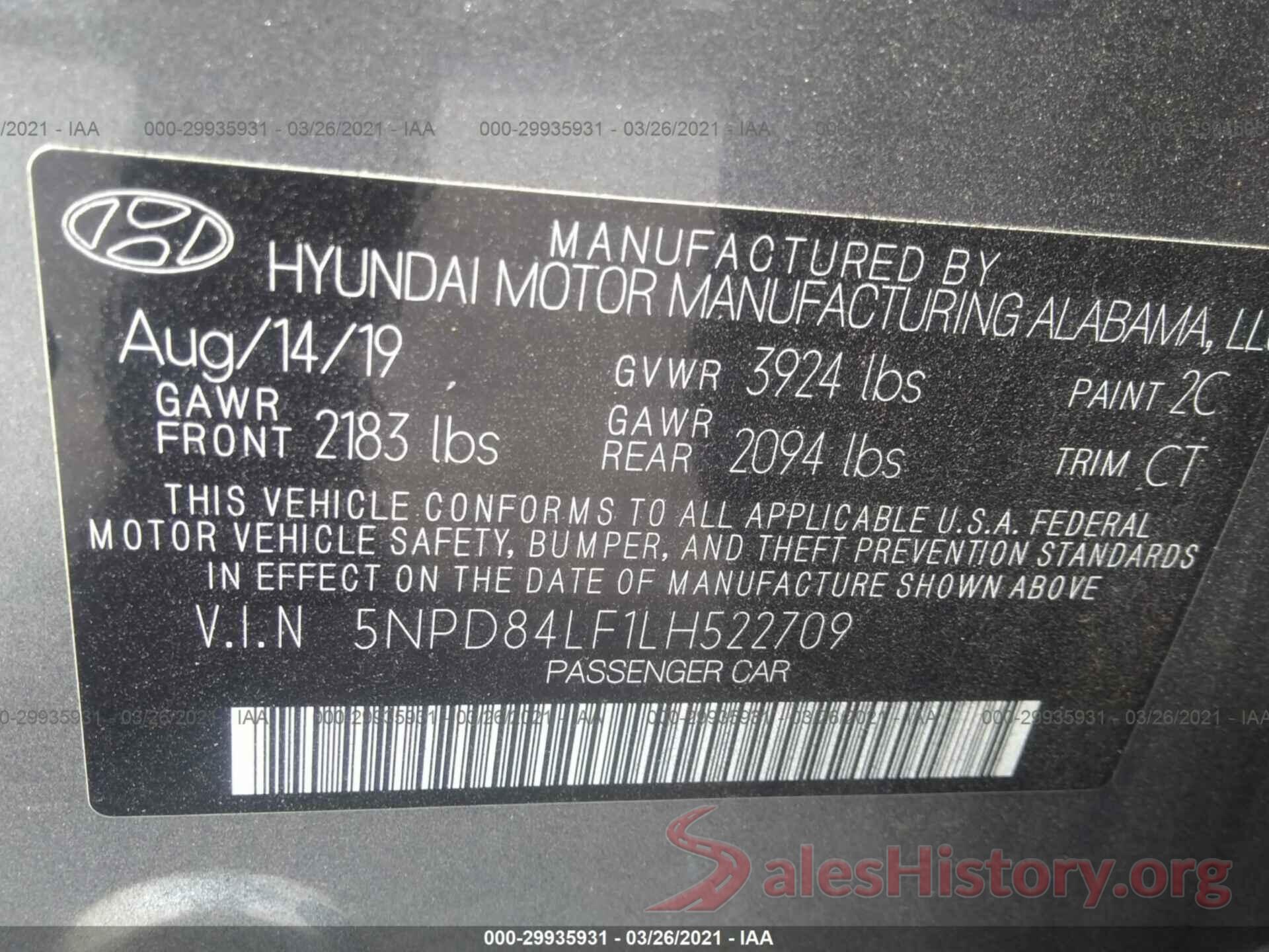 5NPD84LF1LH522709 2020 HYUNDAI ELANTRA