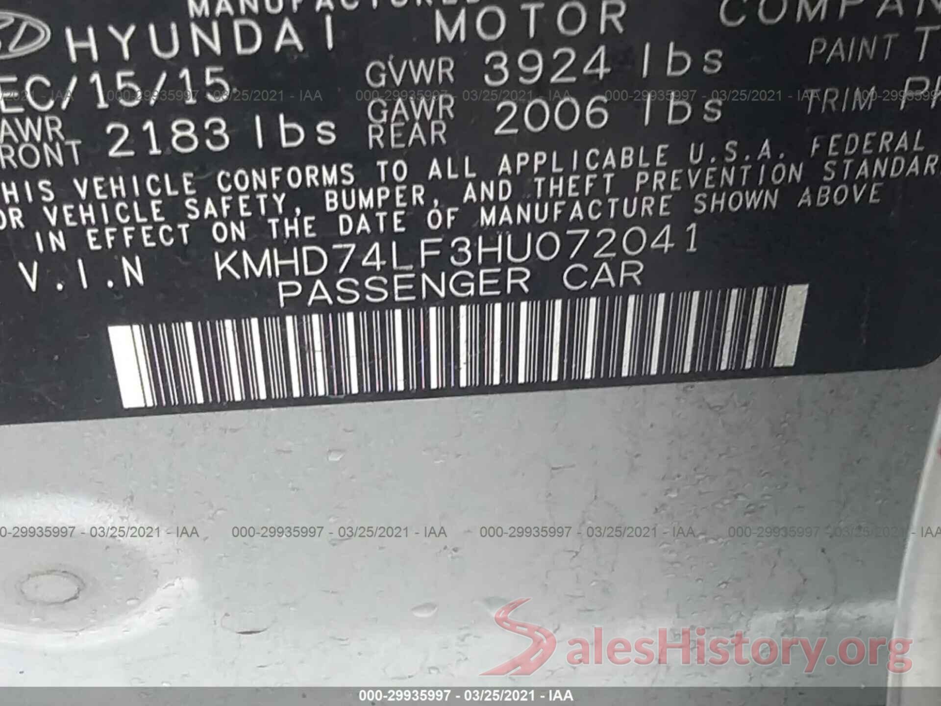 KMHD74LF3HU072041 2017 HYUNDAI ELANTRA