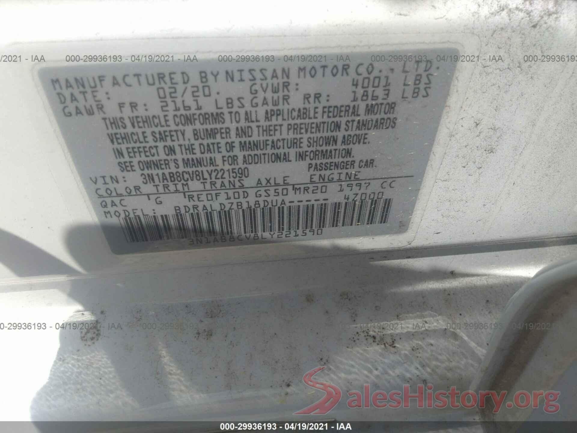 3N1AB8CV8LY221590 2020 NISSAN SENTRA