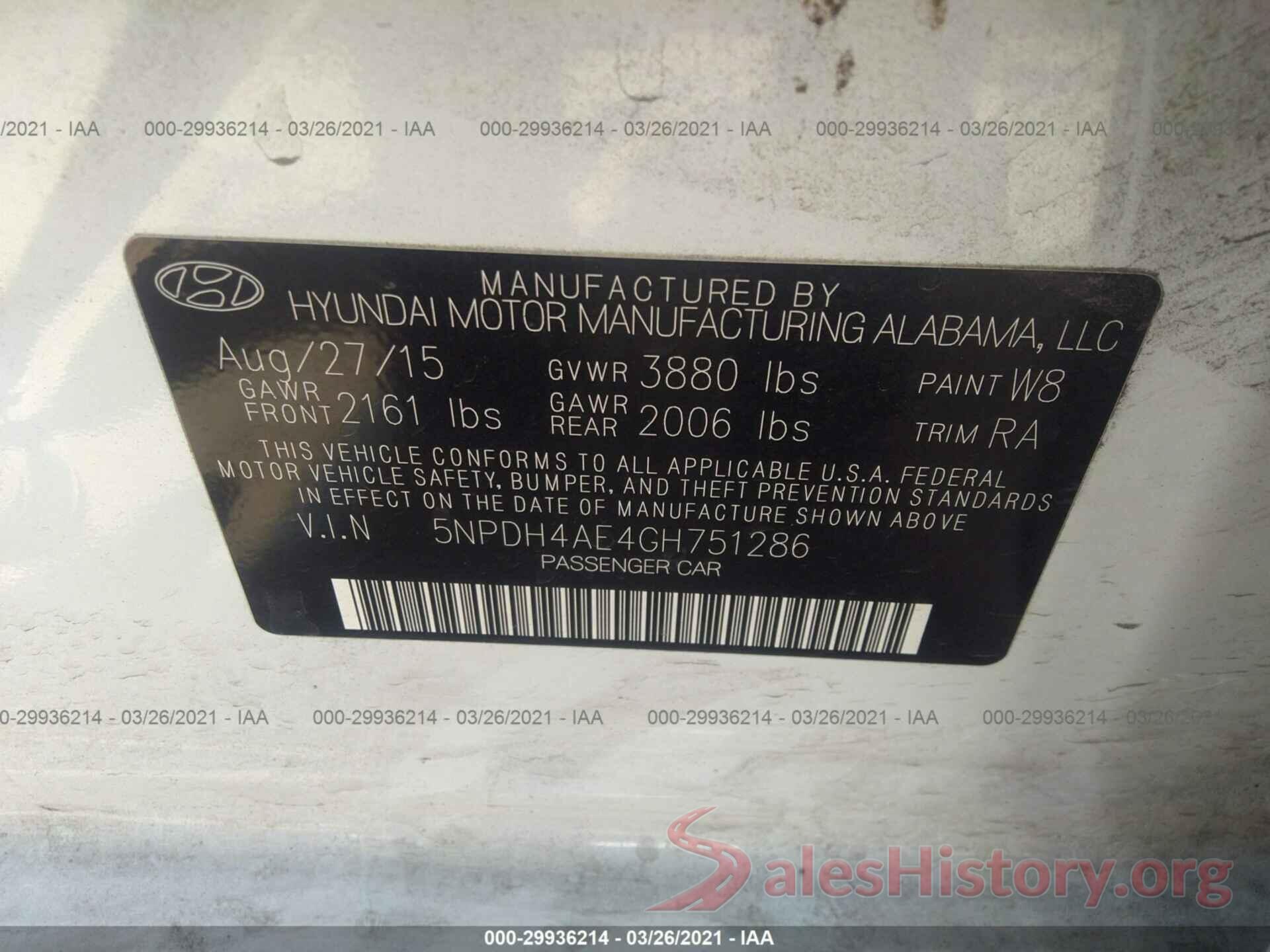 5NPDH4AE4GH751286 2016 HYUNDAI ELANTRA