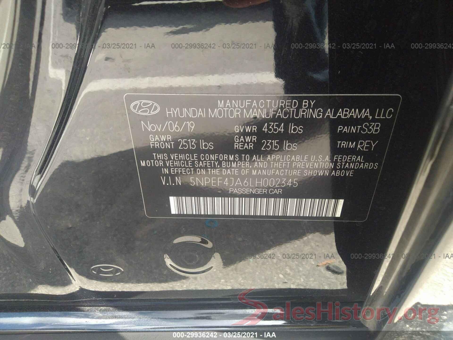 5NPEF4JA6LH002345 2020 HYUNDAI SONATA