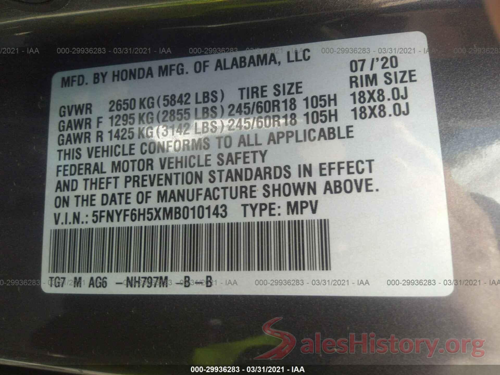 5FNYF6H5XMB010143 2021 HONDA PILOT