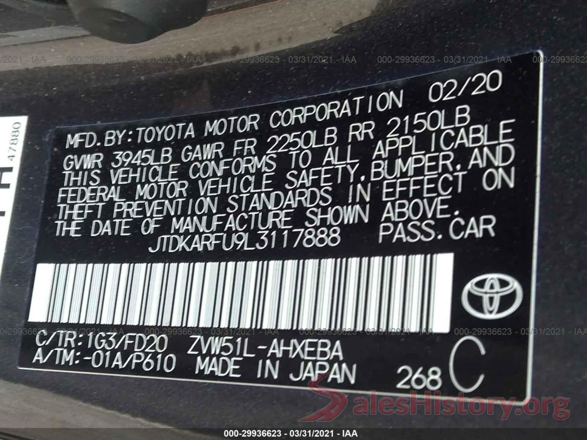 JTDKARFU9L3117888 2020 TOYOTA PRIUS