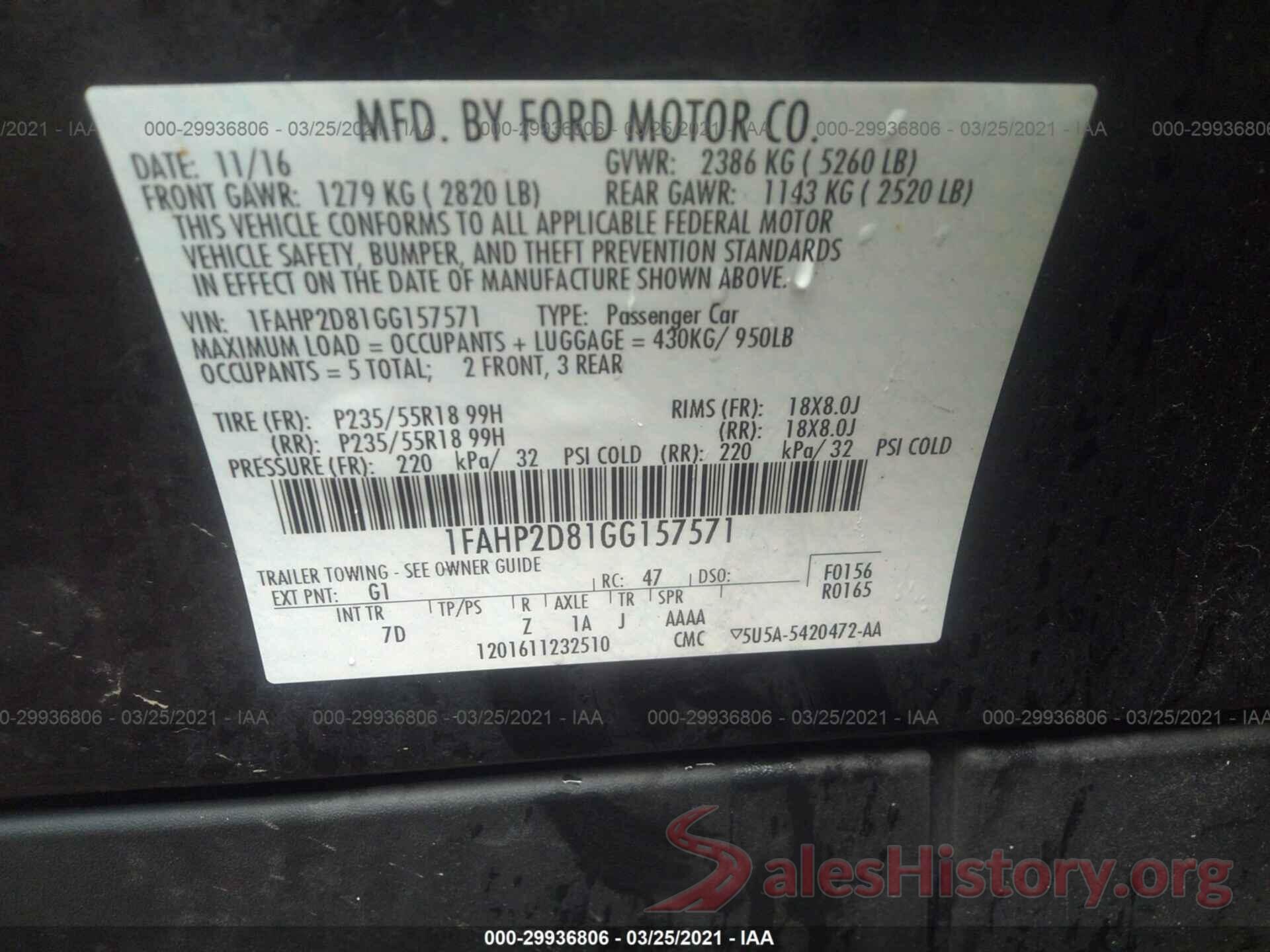 1FAHP2D81GG157571 2016 FORD TAURUS