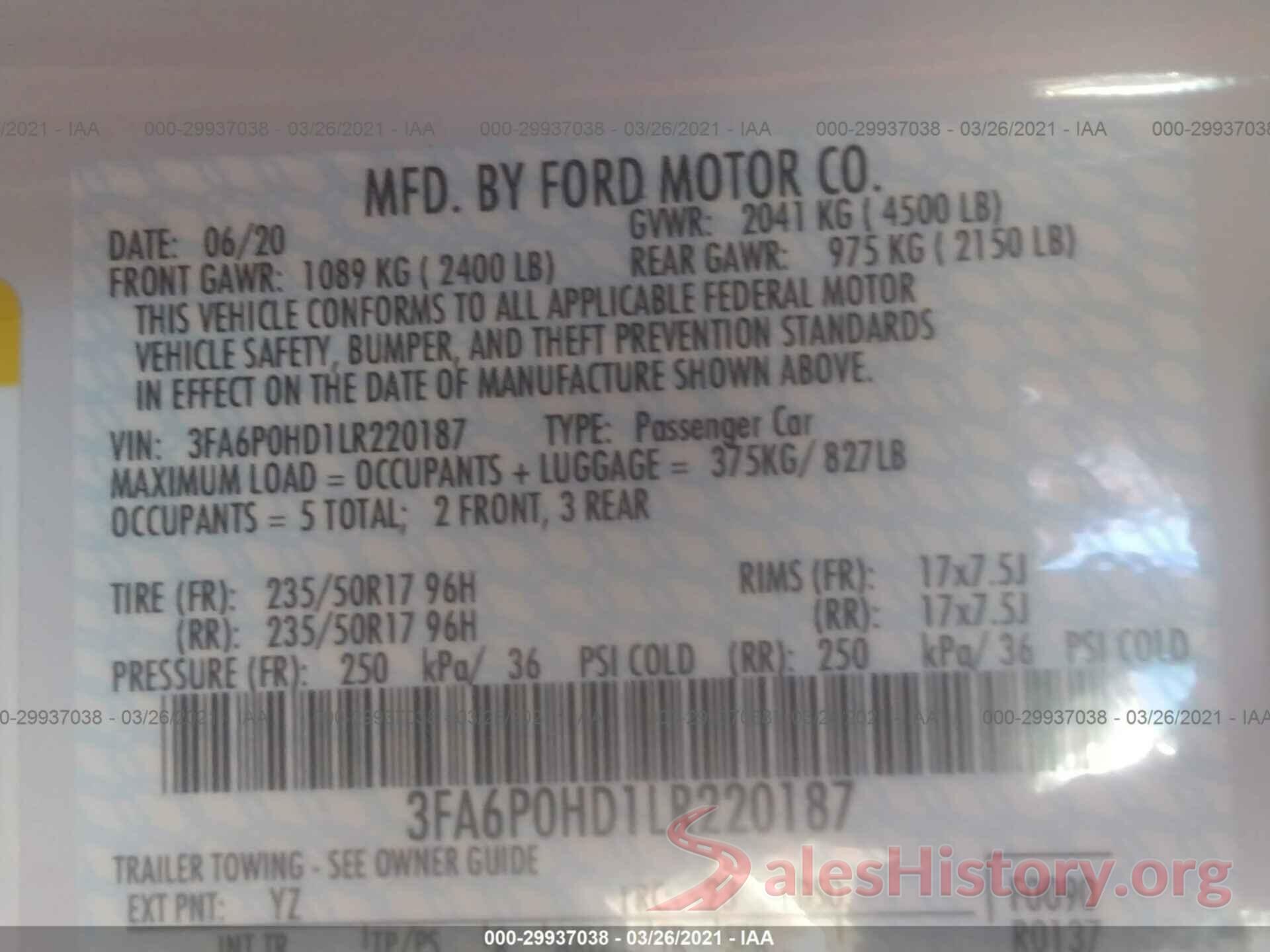 3FA6P0HD1LR220187 2020 FORD FUSION