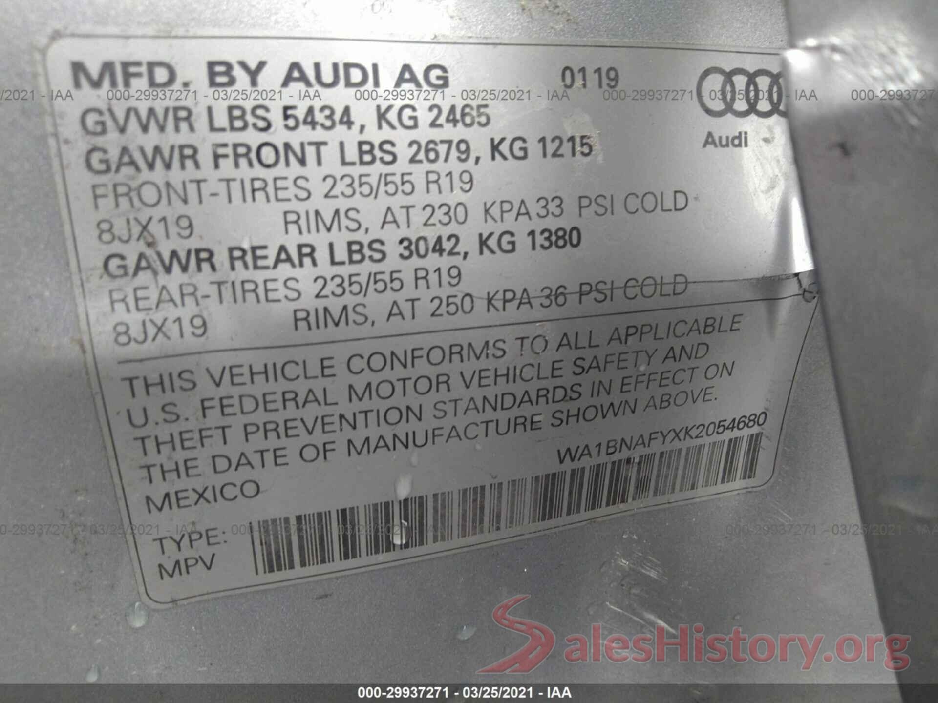 WA1BNAFYXK2054680 2019 AUDI Q5