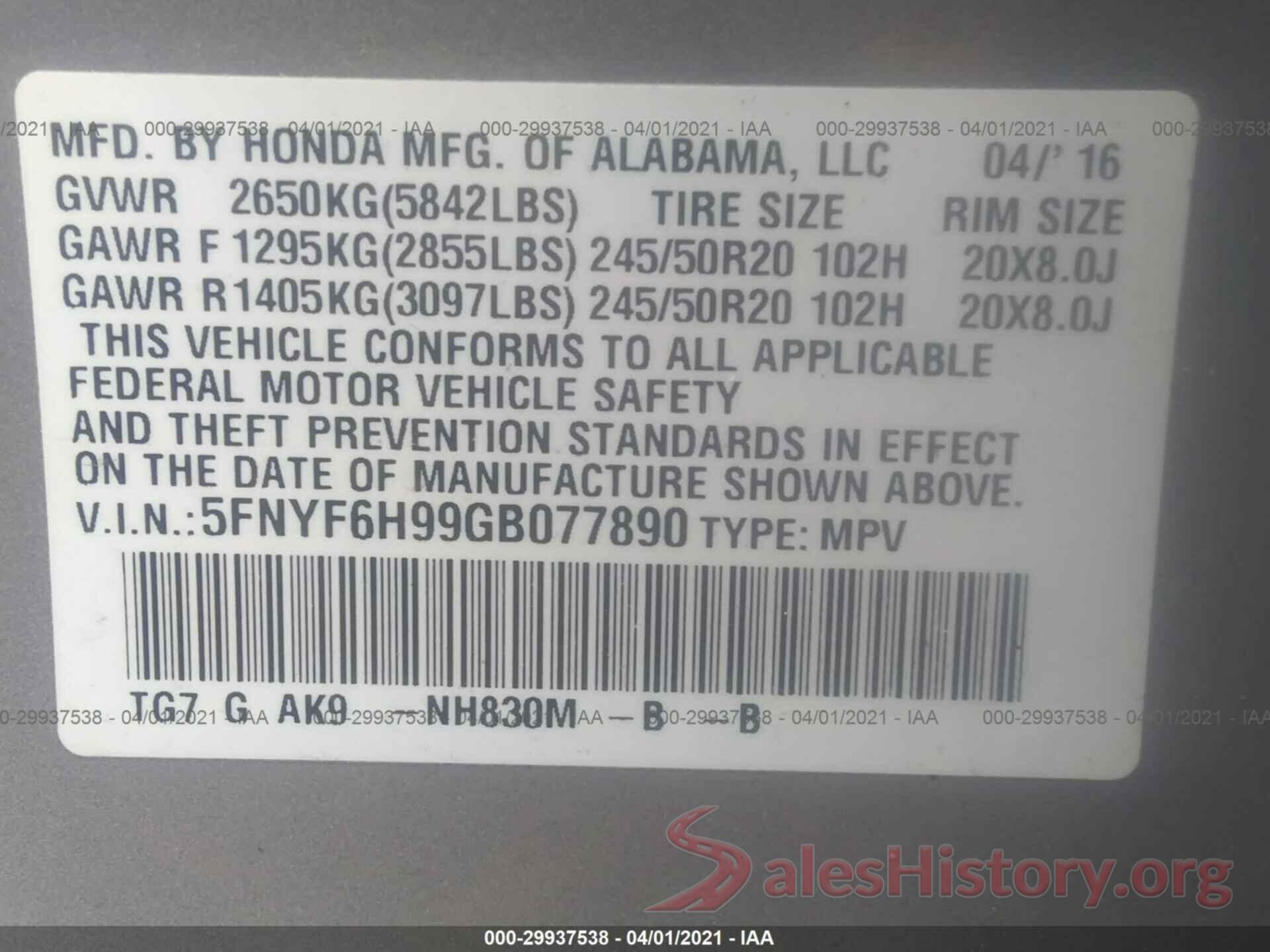 5FNYF6H99GB077890 2016 HONDA PILOT