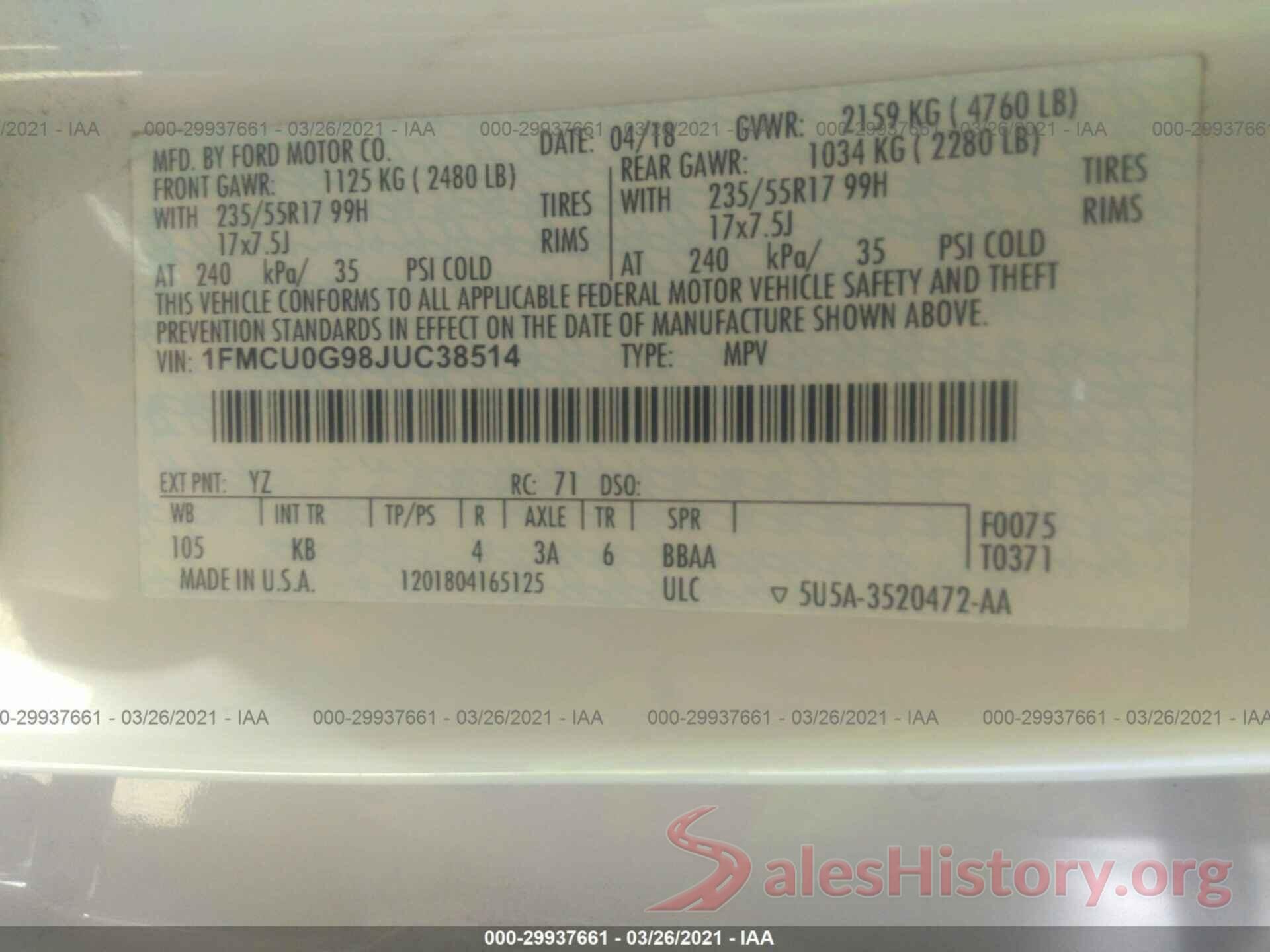 1FMCU0G98JUC38514 2018 FORD ESCAPE