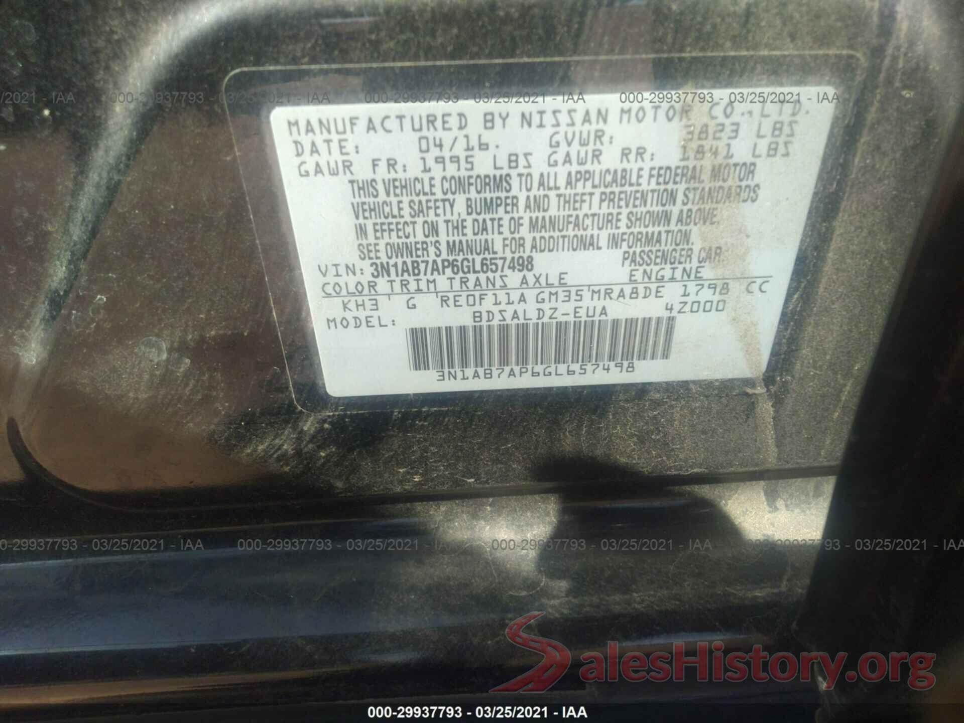 3N1AB7AP6GL657498 2016 NISSAN SENTRA