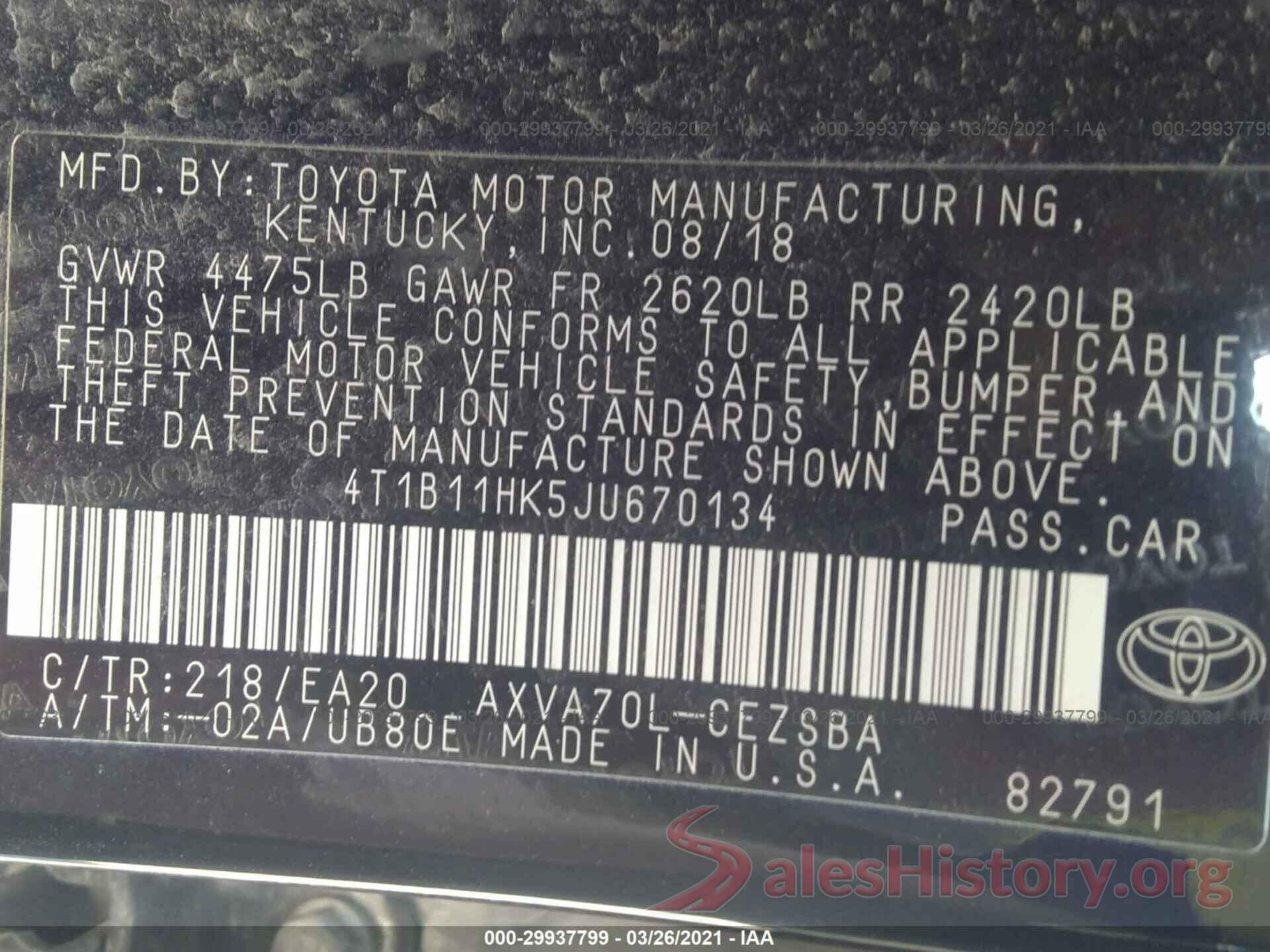 4T1B11HK5JU670134 2018 TOYOTA CAMRY