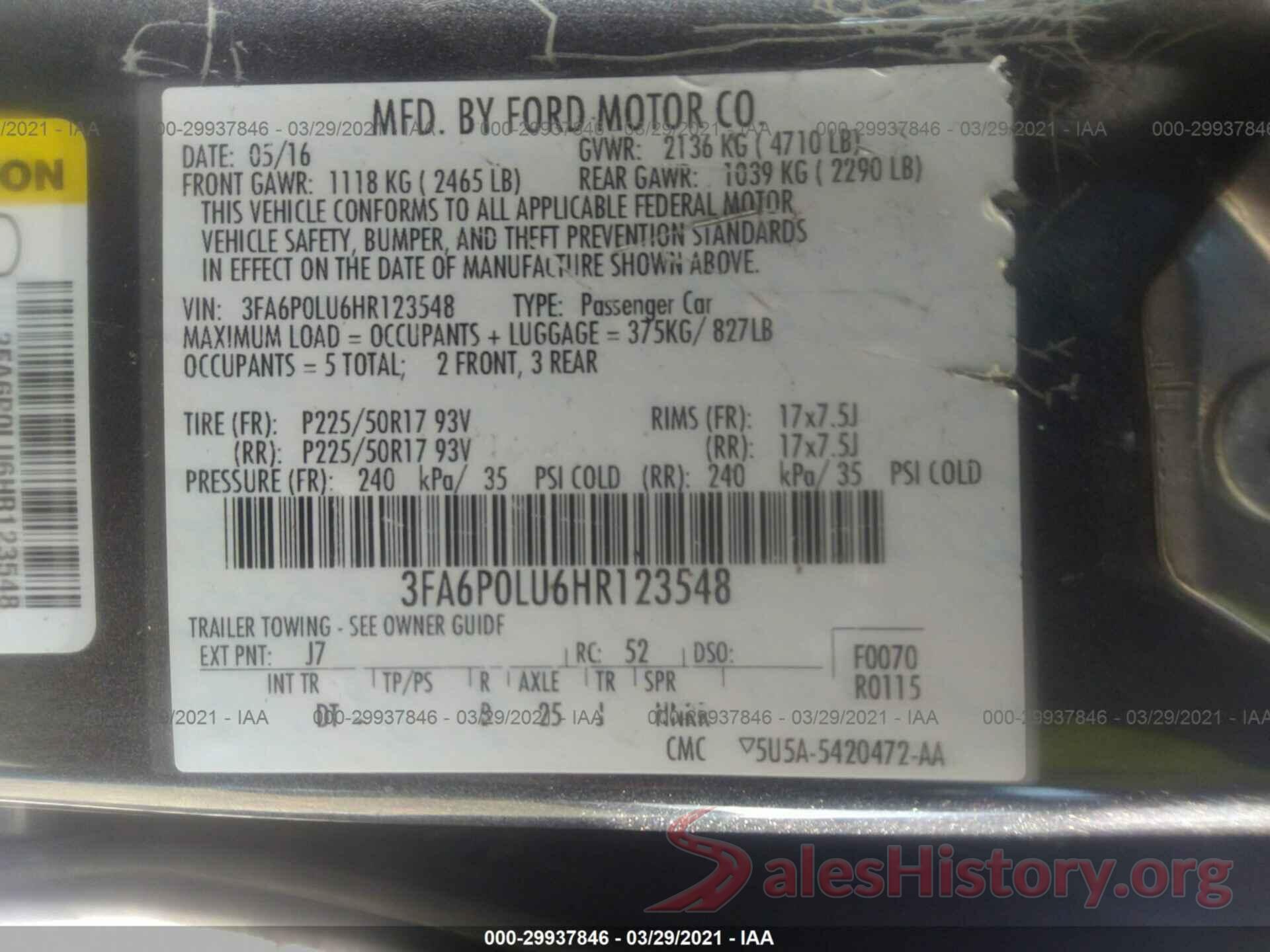 3FA6P0LU6HR123548 2017 FORD FUSION