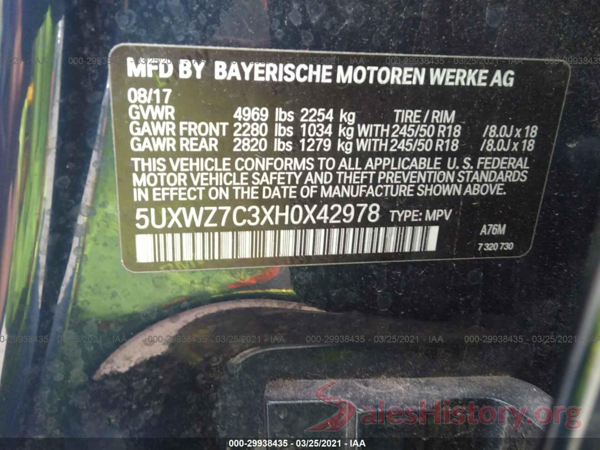 5UXWZ7C3XH0X42978 2017 BMW X3