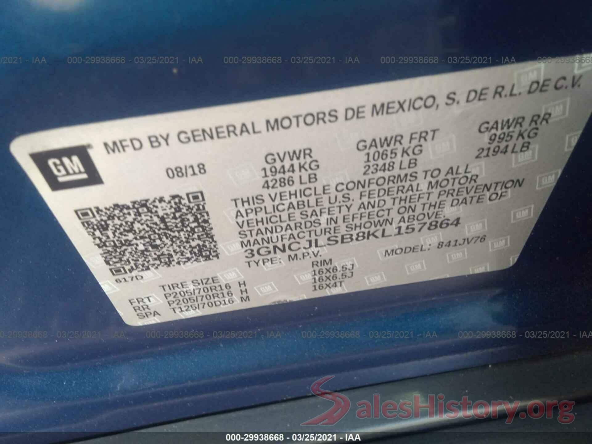 3GNCJLSB8KL157864 2019 CHEVROLET TRAX