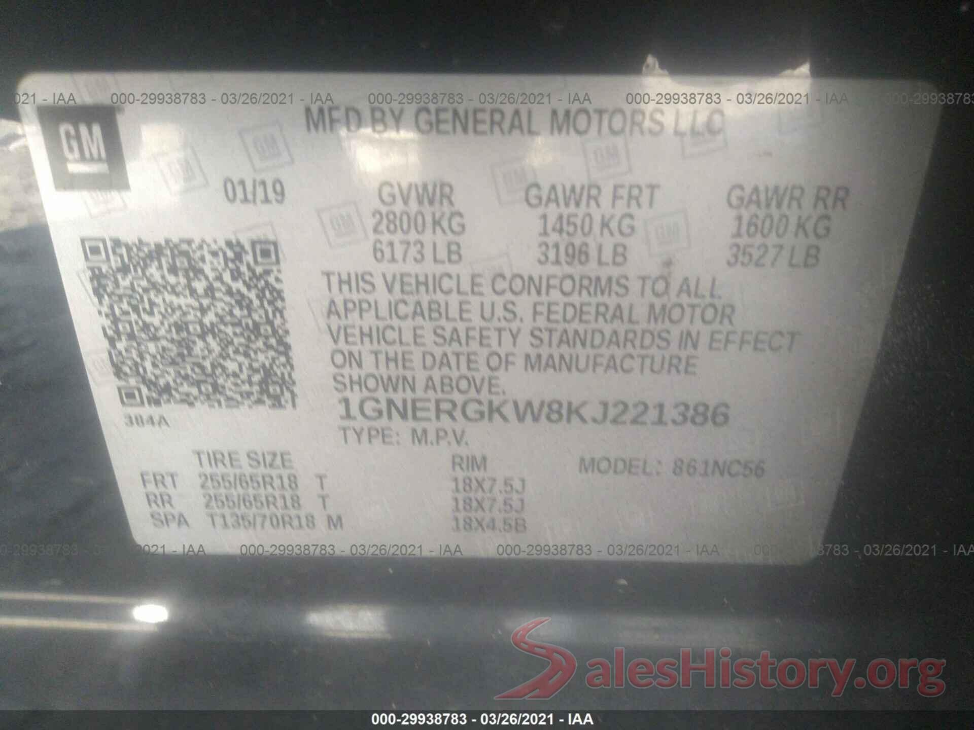 1GNERGKW8KJ221386 2019 CHEVROLET TRAVERSE