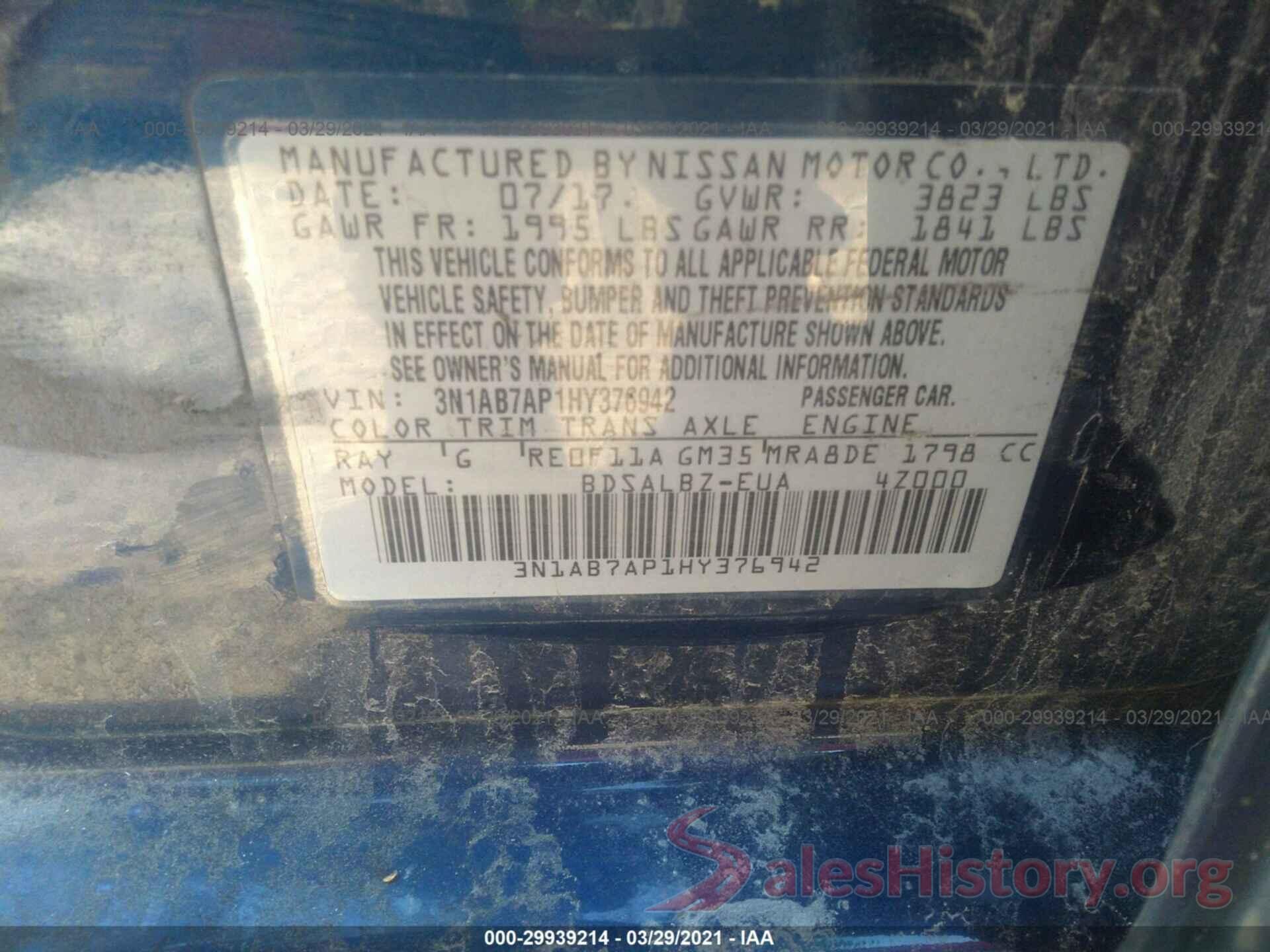 3N1AB7AP1HY376942 2017 NISSAN SENTRA