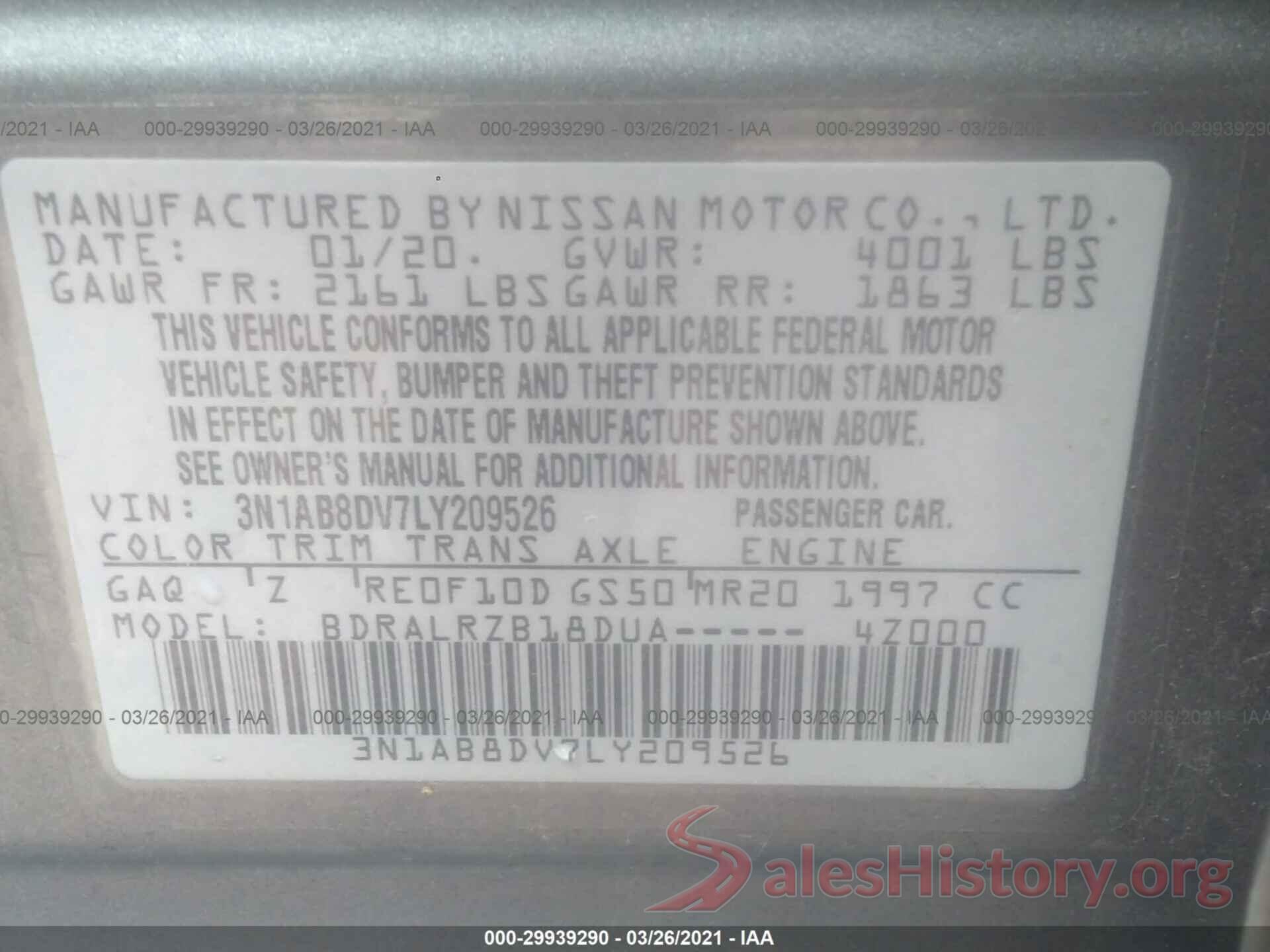 3N1AB8DV7LY209526 2020 NISSAN SENTRA