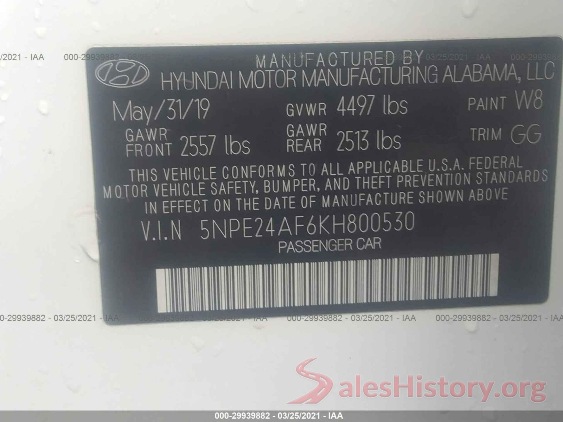 5NPE24AF6KH800530 2019 HYUNDAI SONATA