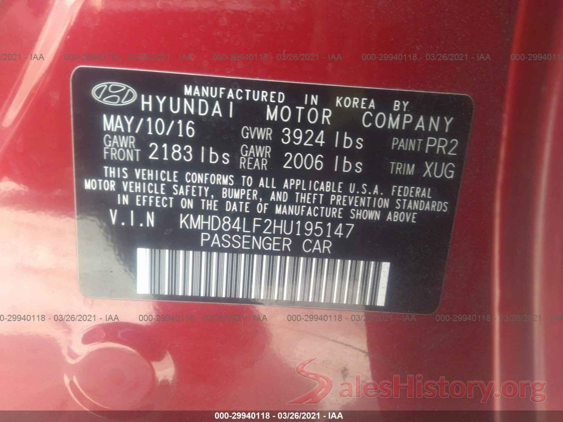 KMHD84LF2HU195147 2017 HYUNDAI ELANTRA