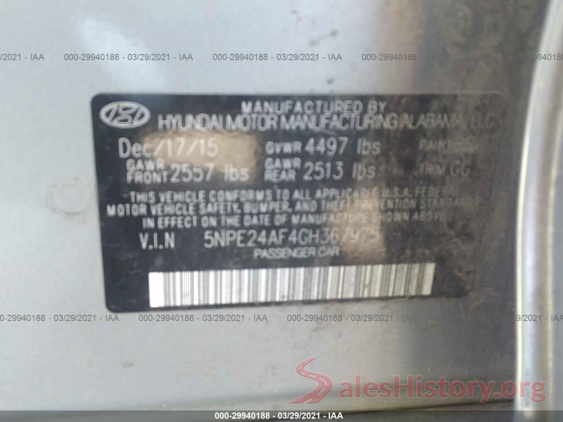 5NPE24AF4GH367975 2016 HYUNDAI SONATA