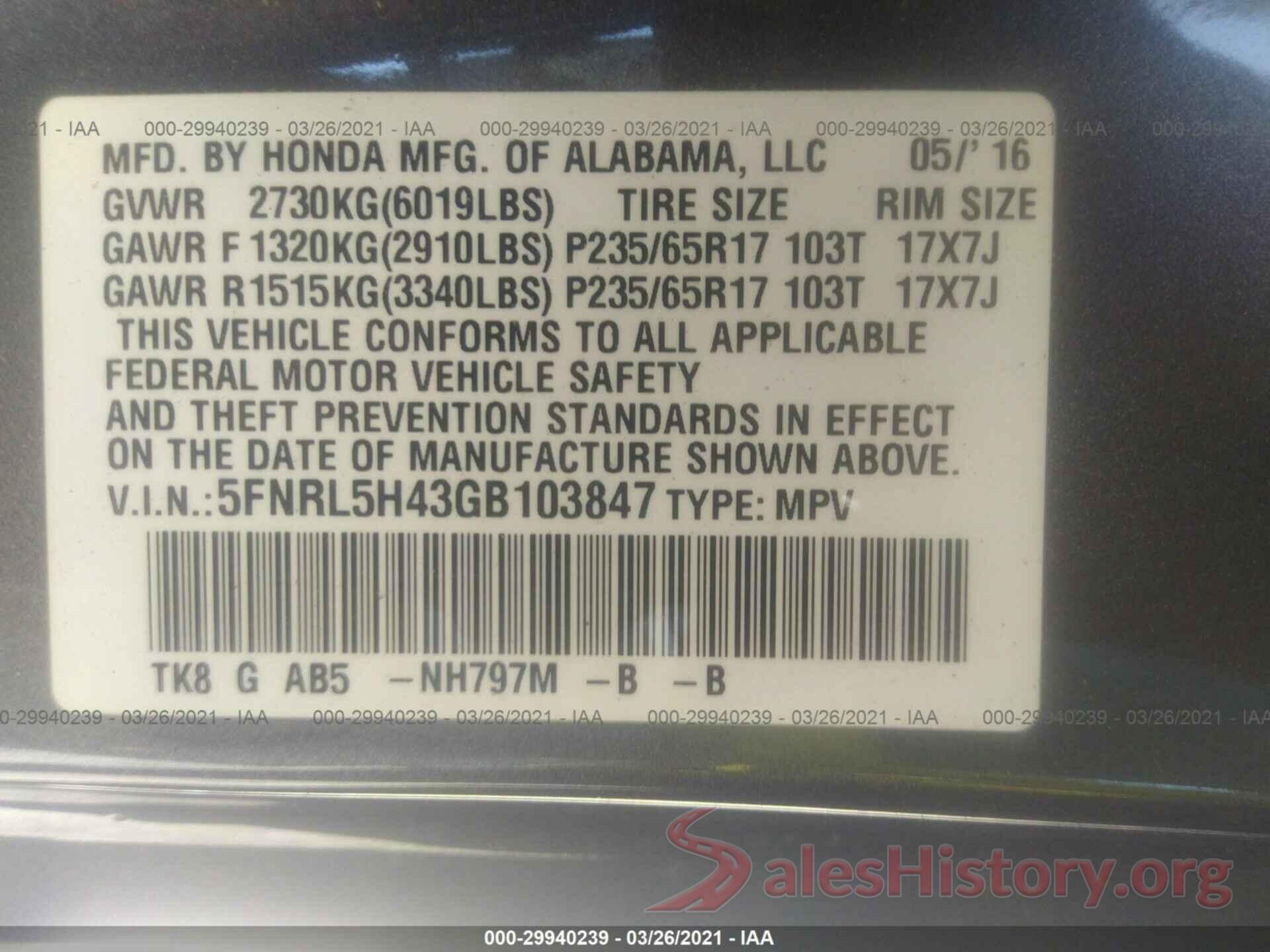 5FNRL5H43GB103847 2016 HONDA ODYSSEY