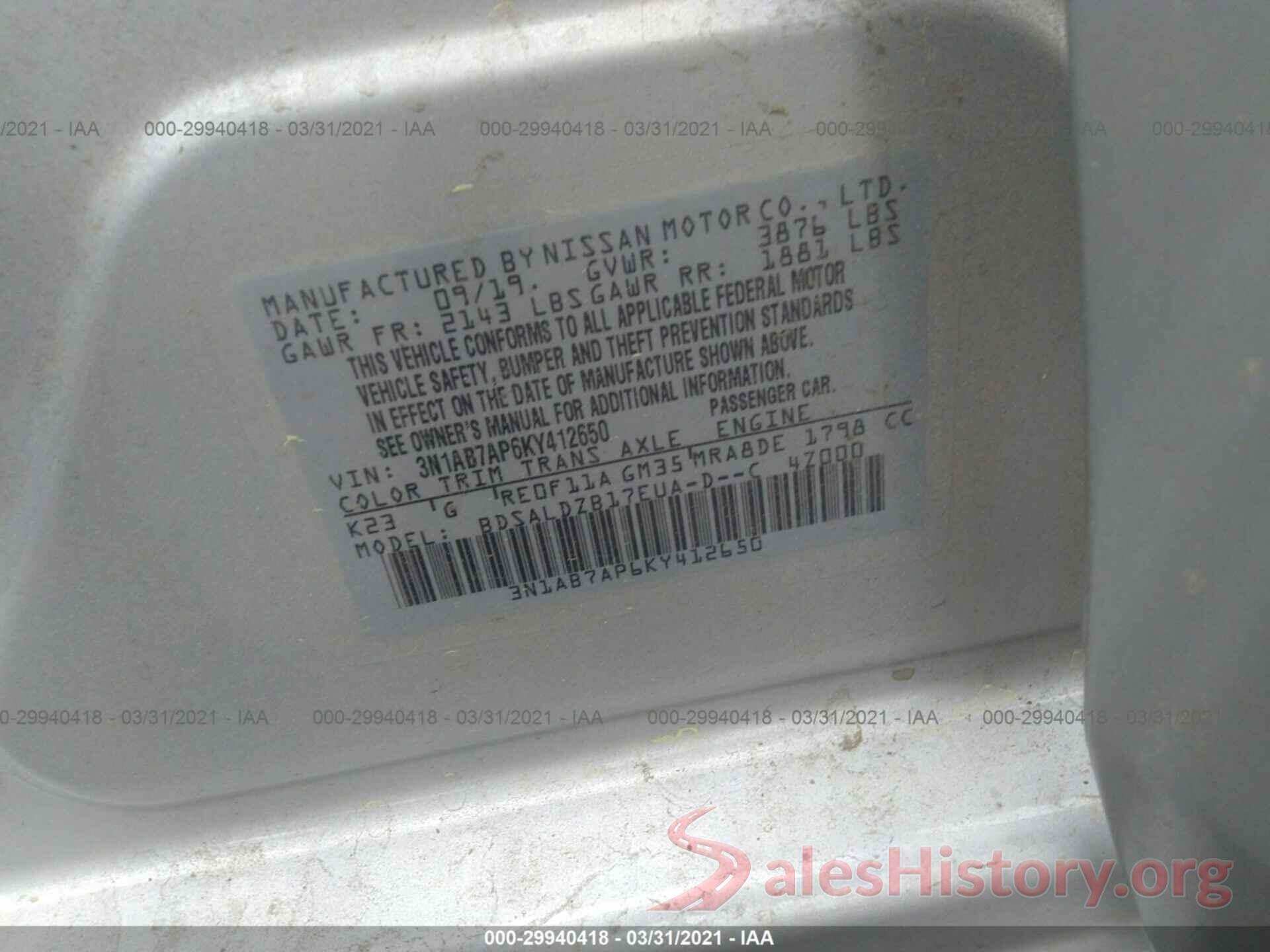 3N1AB7AP6KY412650 2019 NISSAN SENTRA