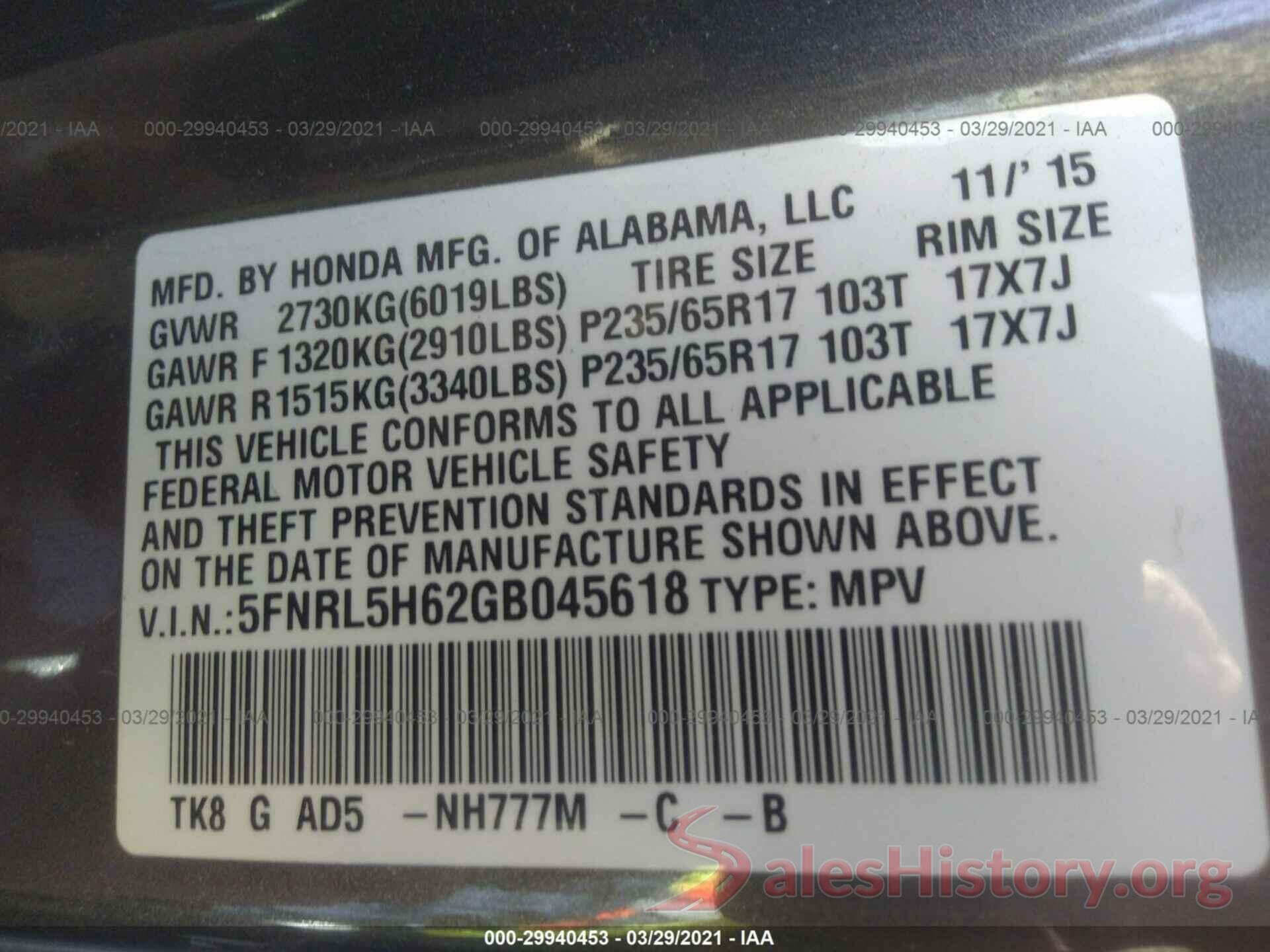 5FNRL5H62GB045618 2016 HONDA ODYSSEY