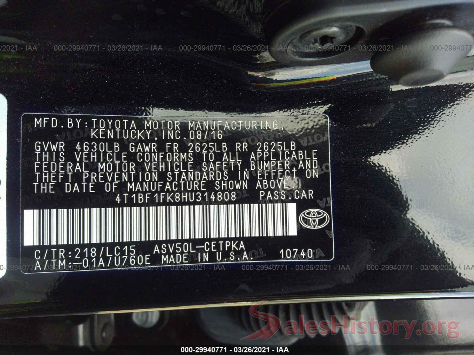 4T1BF1FK8HU314808 2017 TOYOTA CAMRY