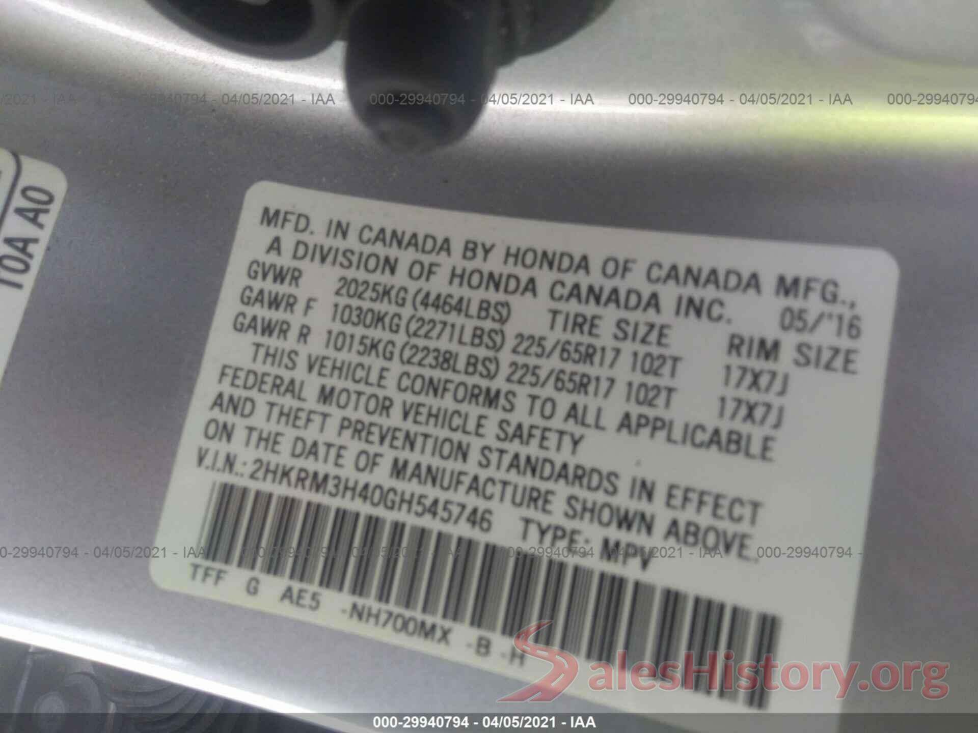 2HKRM3H40GH545746 2016 HONDA CR-V