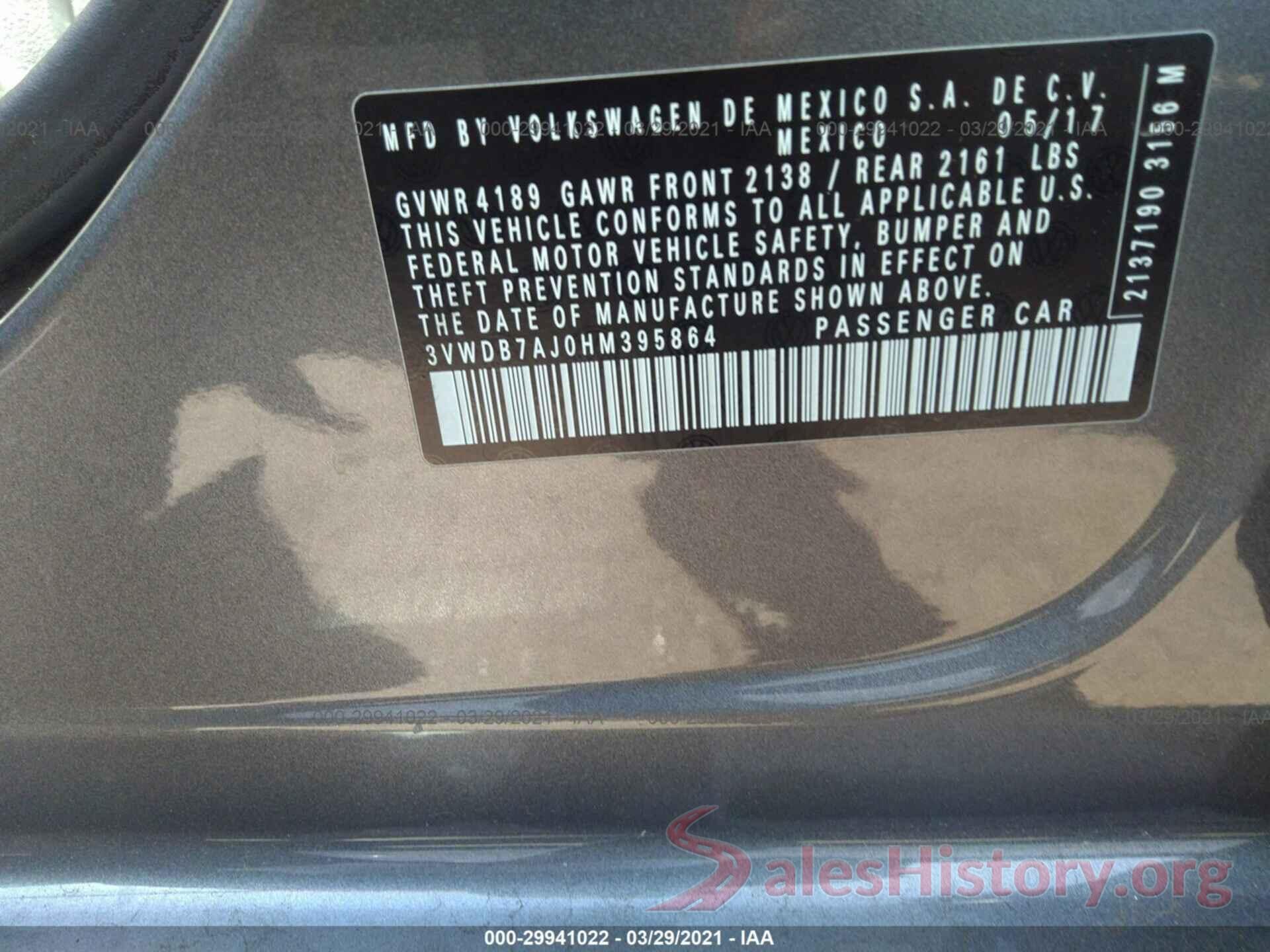 3VWDB7AJ0HM395864 2017 VOLKSWAGEN JETTA